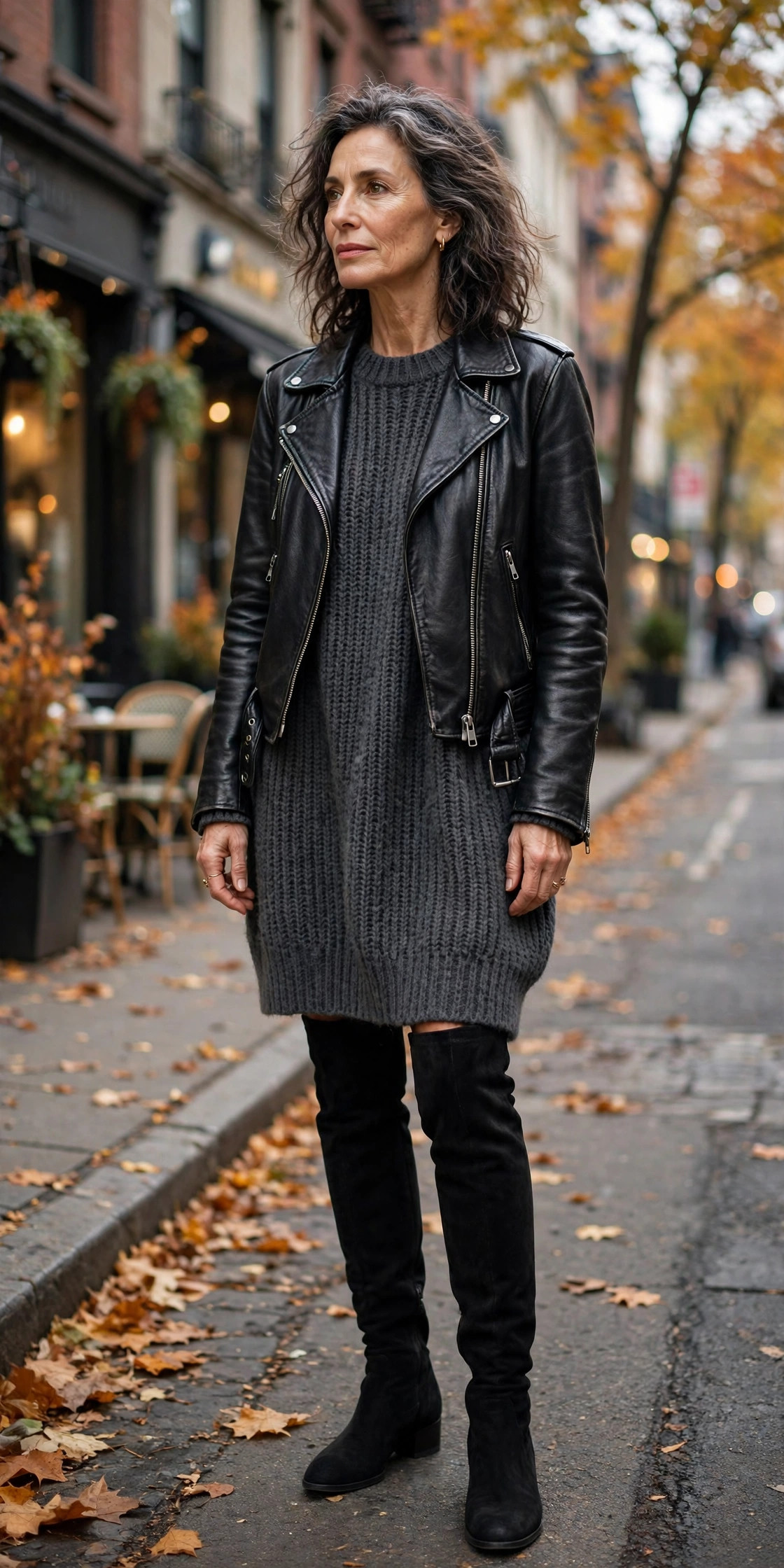Woman over 50 in biker jacket with sweater dress and over-knee boots