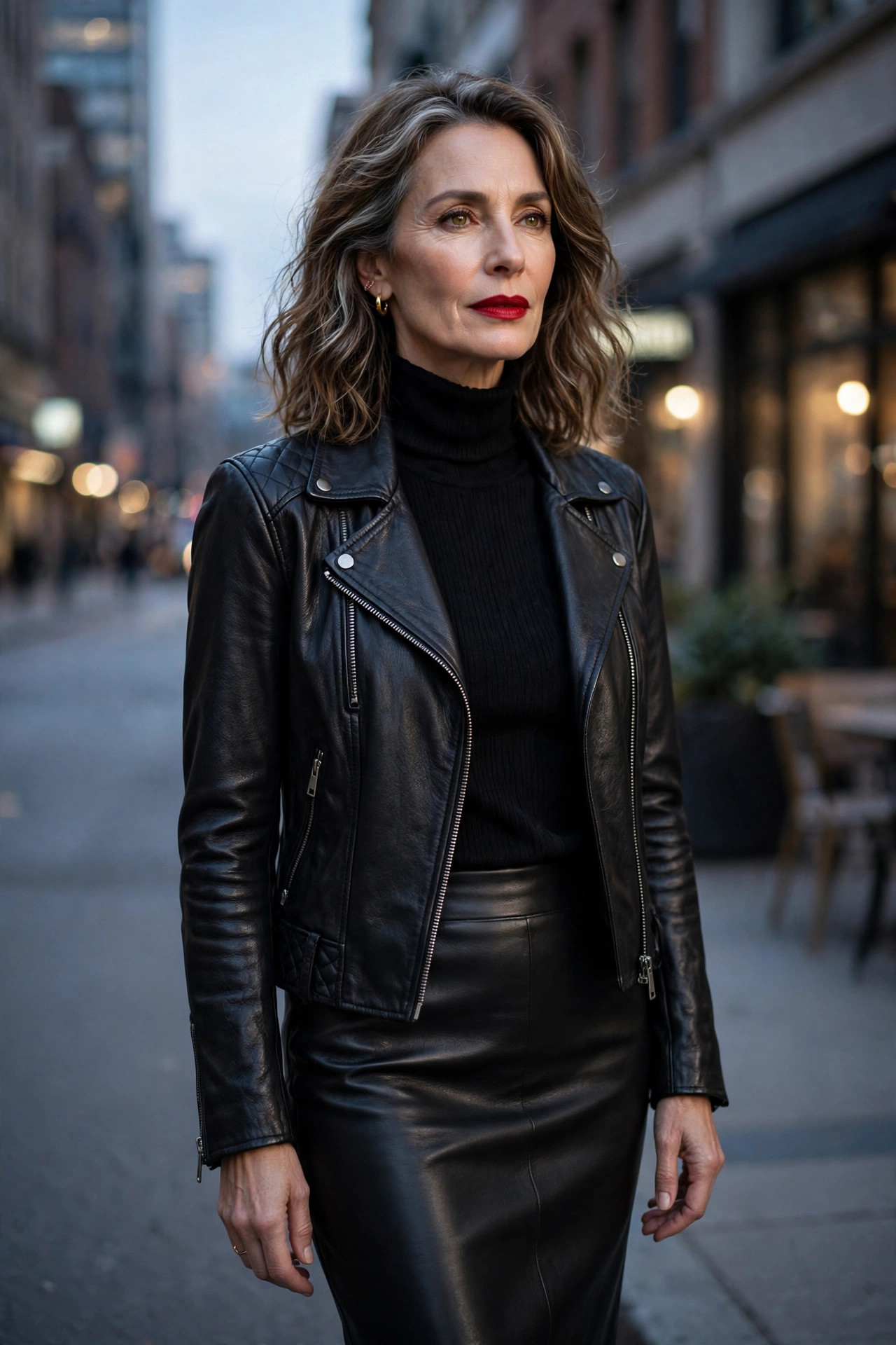 Woman over 50 in all-black biker outfit with red lipstick