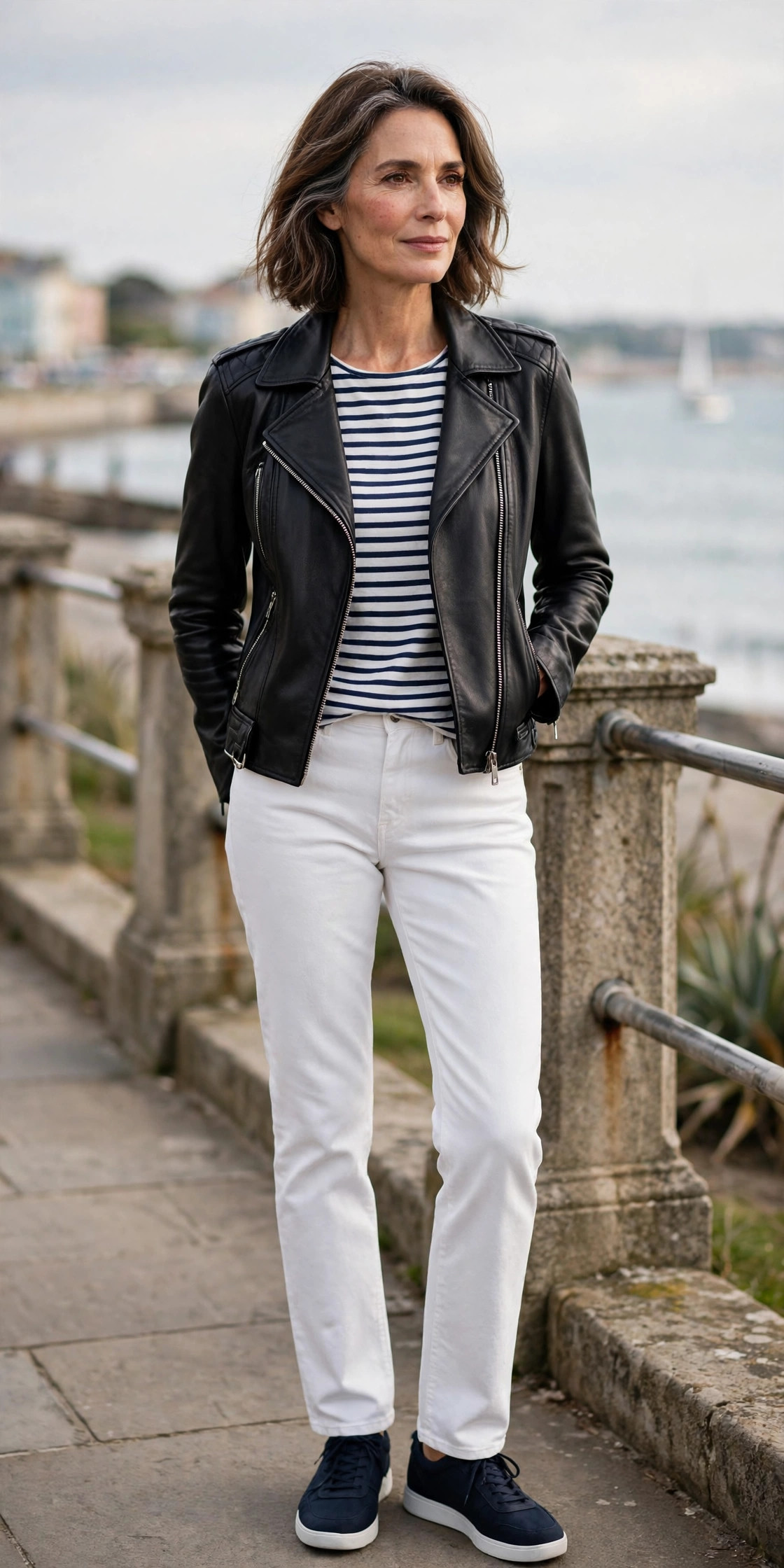 Woman over 50 in biker jacket with breton stripe top and white jeans