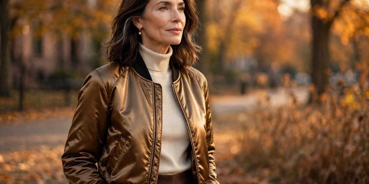 Woman over 50 wearing a polished bomber jacket outfit