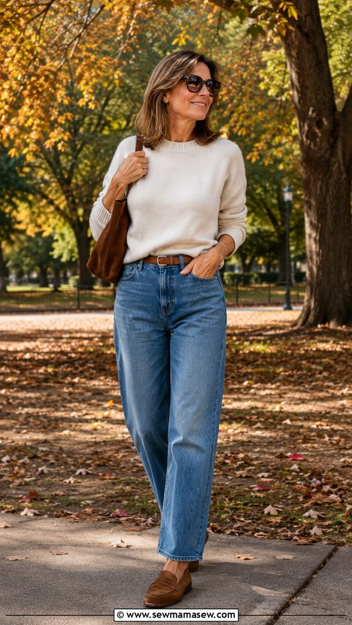 Suede bomber jacket with cream cashmere sweater, dark jeans and loafers