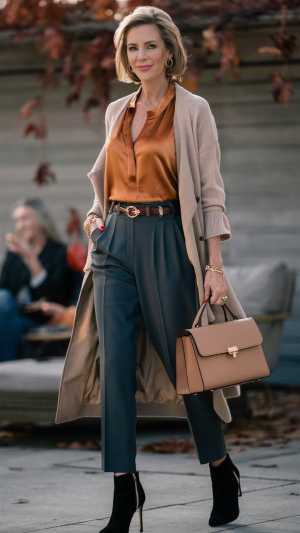 Wool bomber jacket with silk blouse and wide leg trousers, office outfit