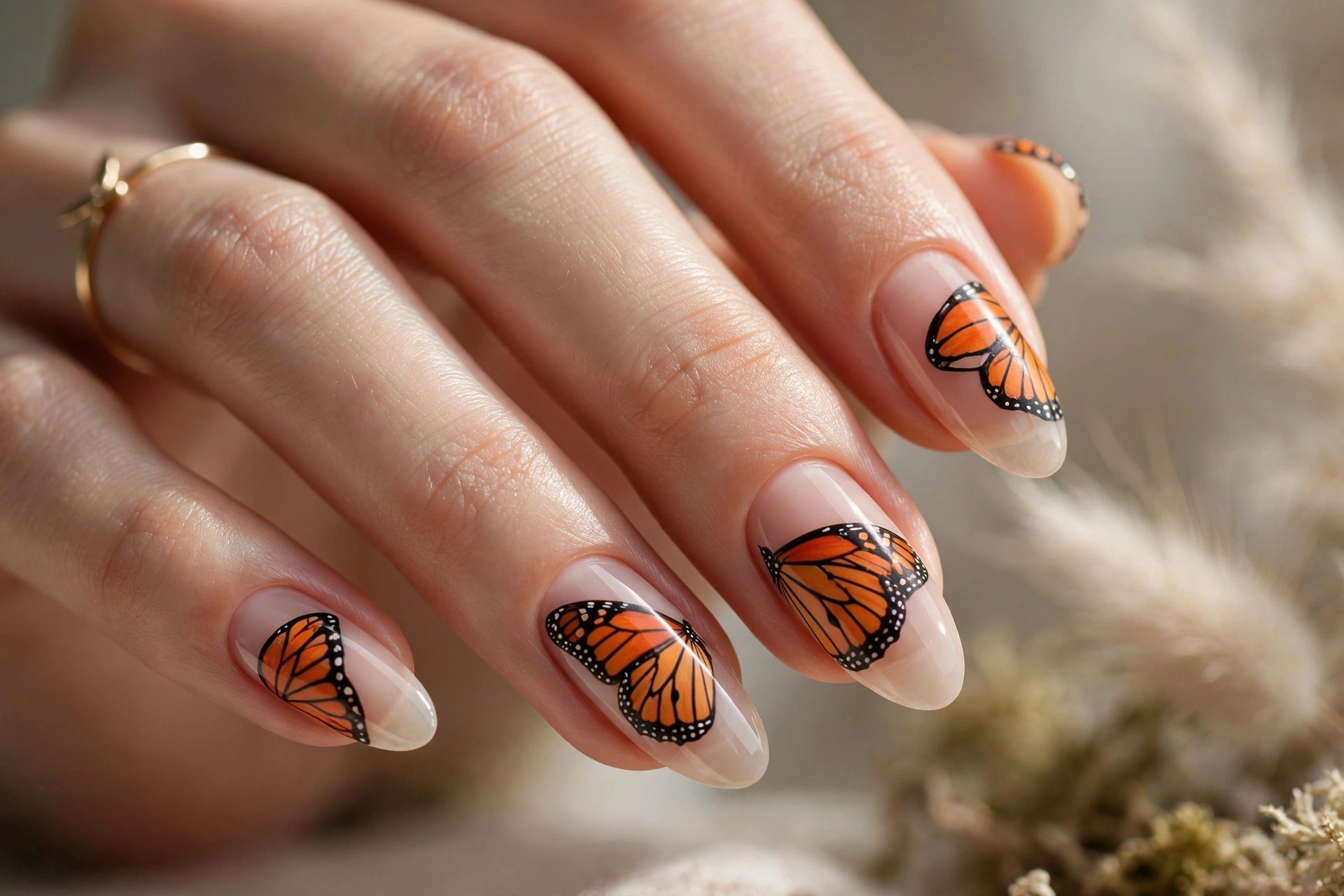 Nude coffin nails with orange monarch butterfly wing accents