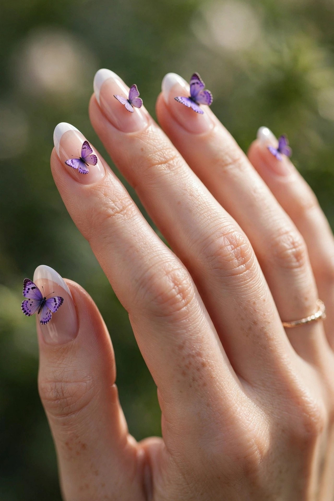 French tip nails with purple butterfly accents