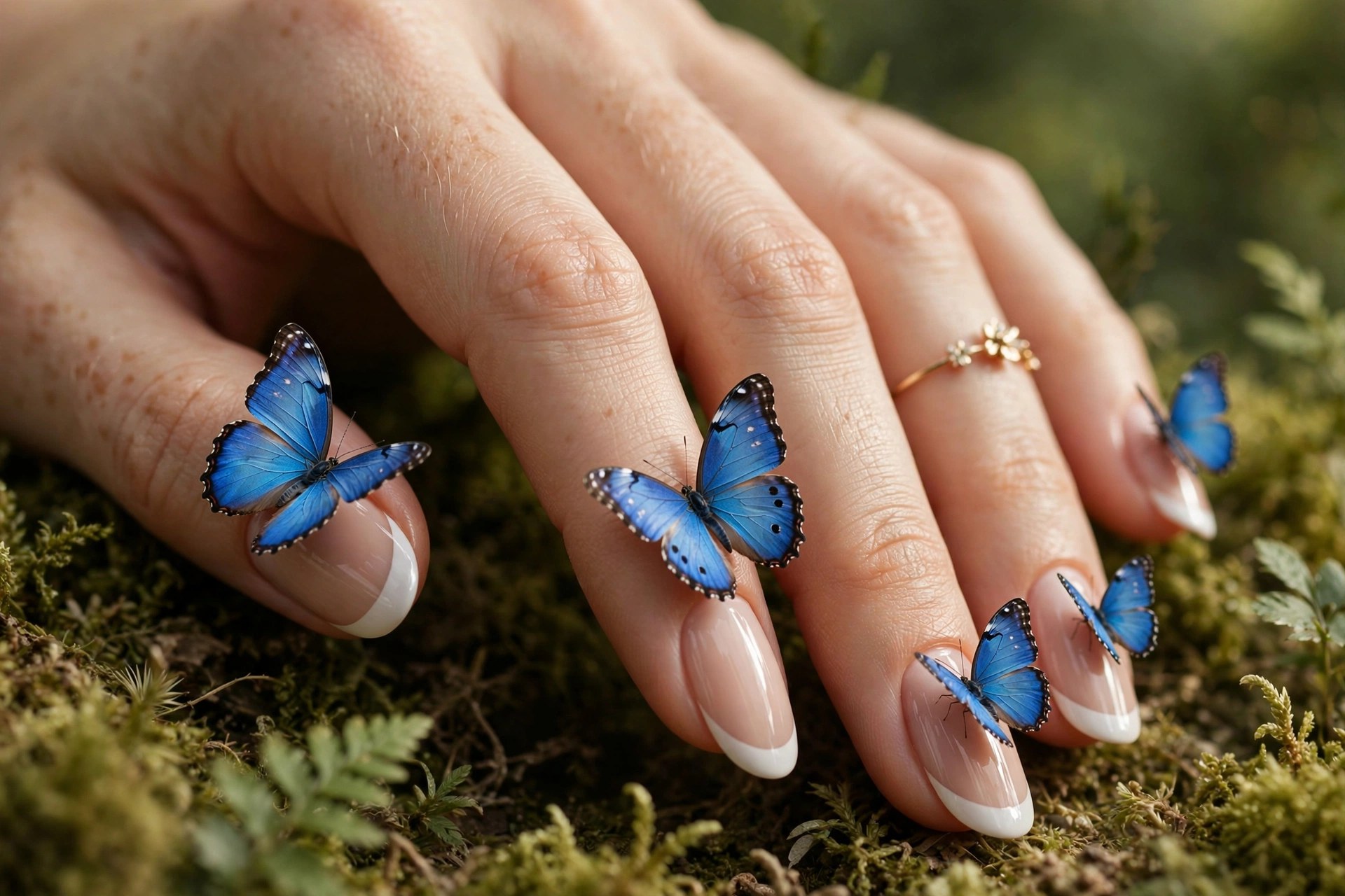 Nude nails with blue butterfly French tips