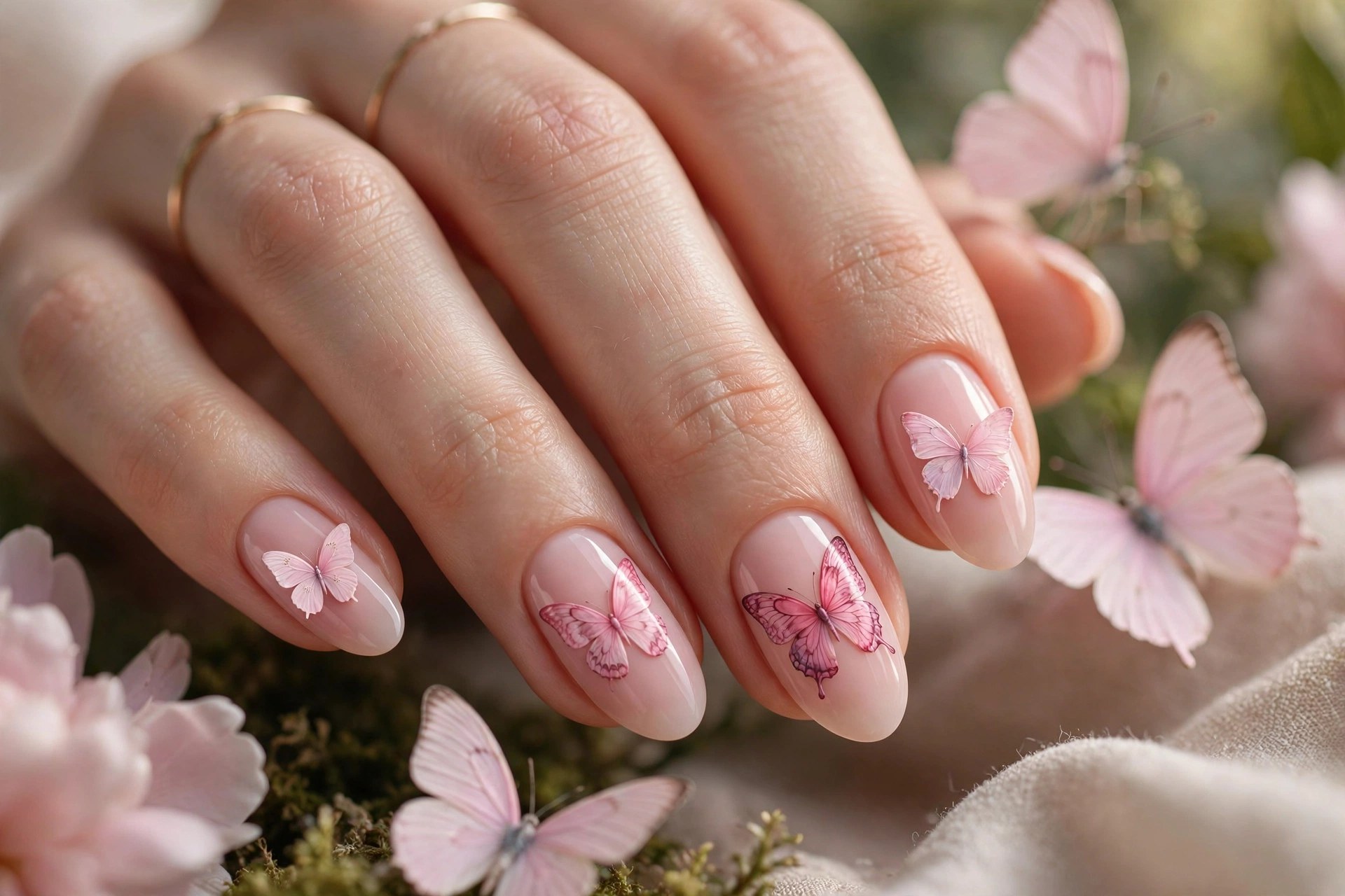 Blush nails with pink butterfly garden accents