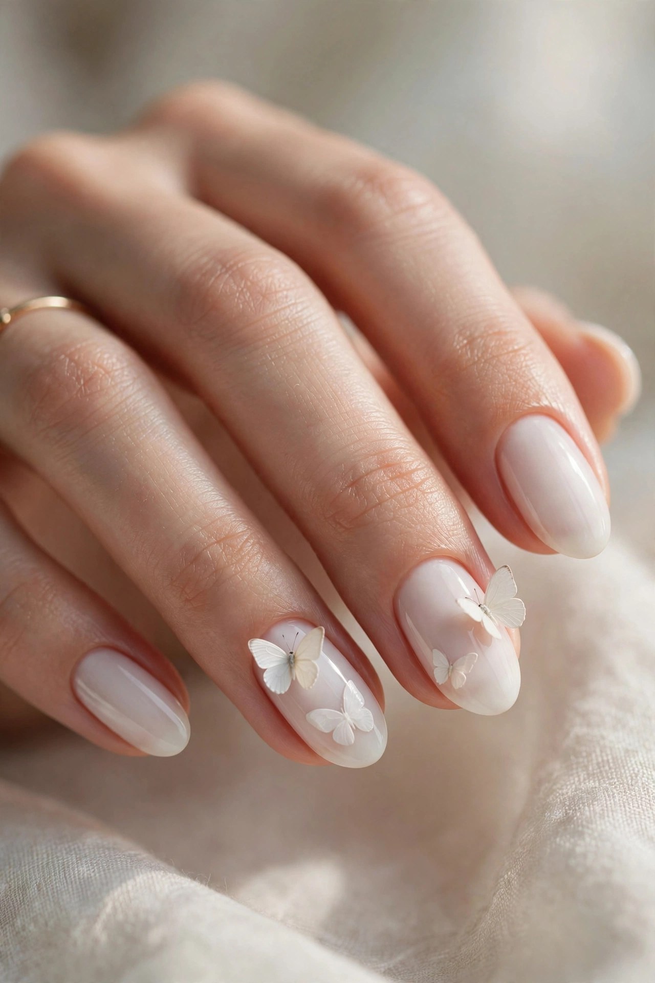 Milky white nails with tiny white butterfly accents