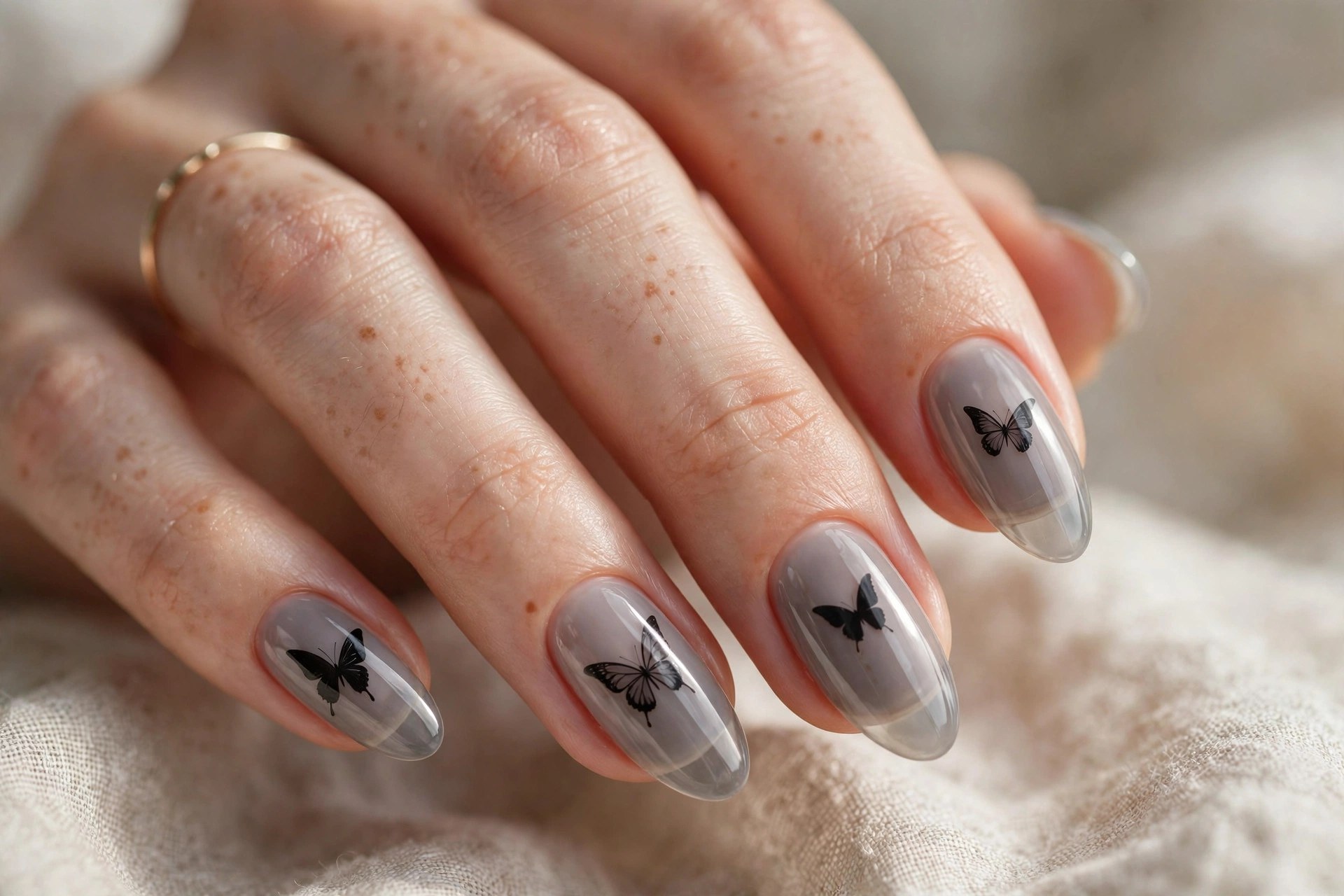 Sheer gray nails with black butterfly silhouettes