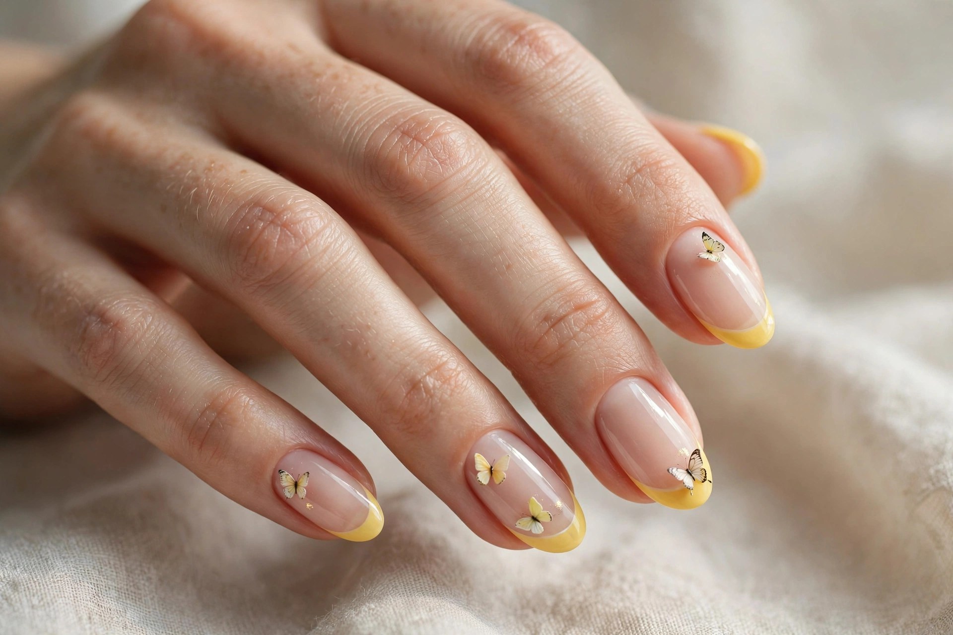 Sunny yellow French tips with butterfly accents