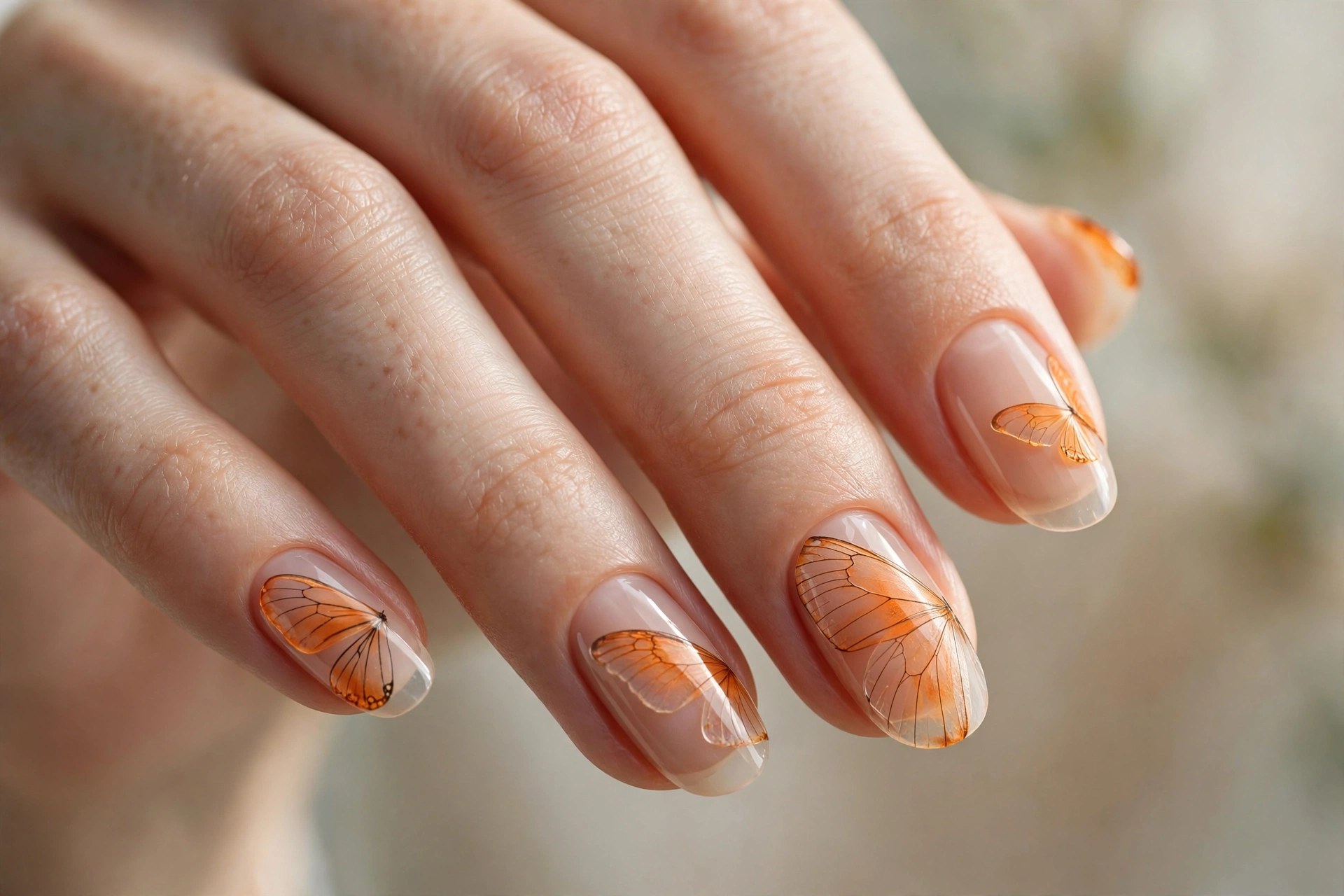 Sheer nude nails with orange butterfly wings