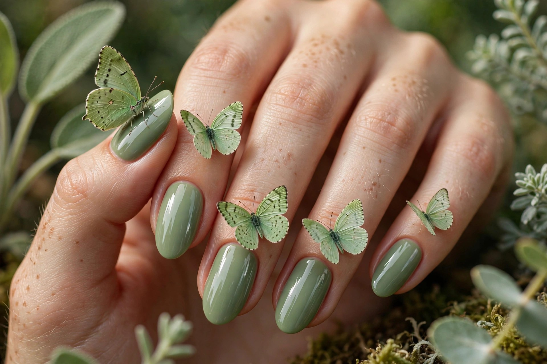 Sage nails with green butterfly accents