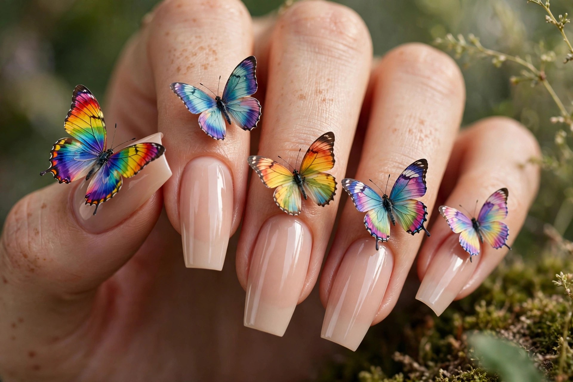 Nude coffin nails with rainbow butterfly wings