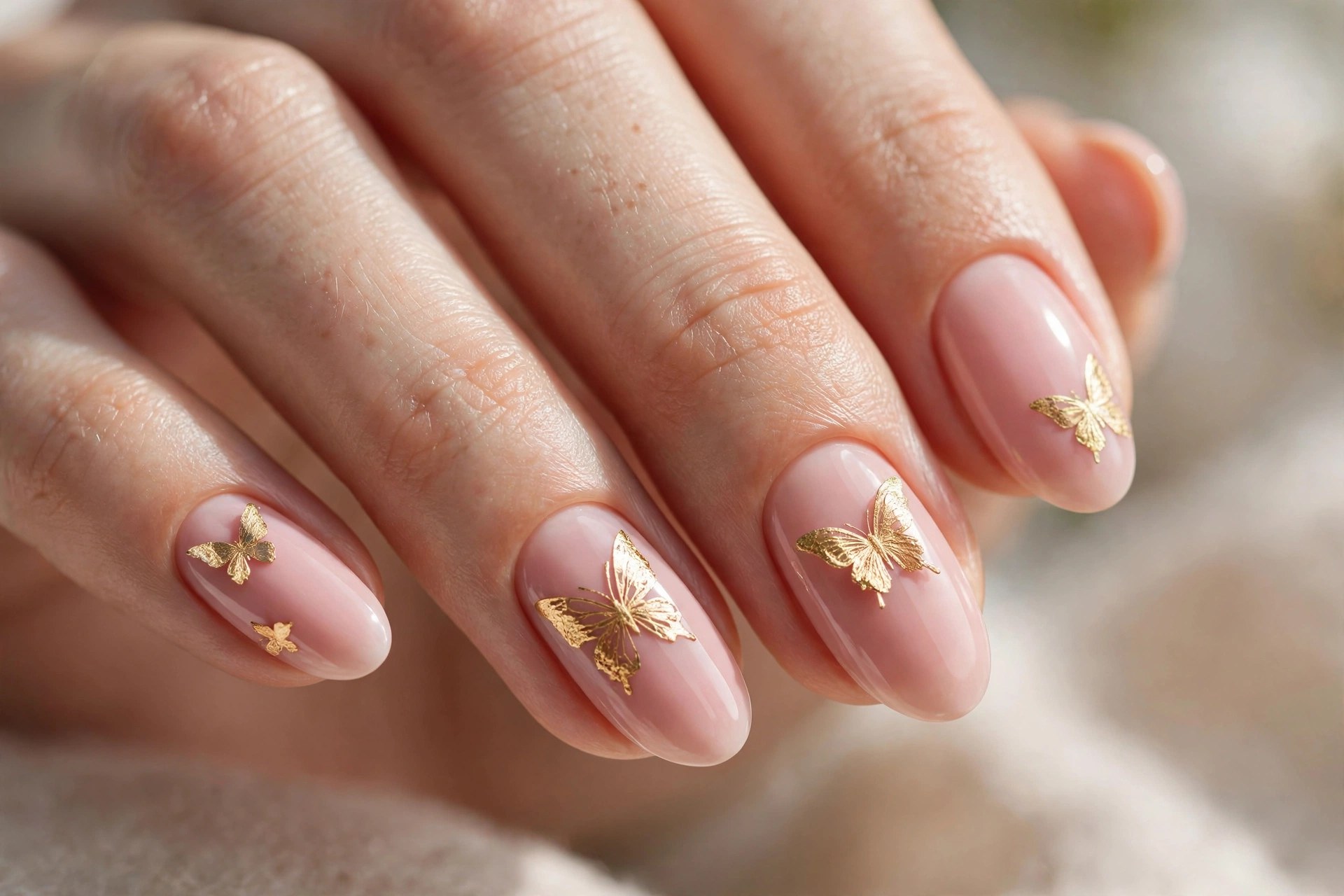 Blush nails with gold foil butterfly accents