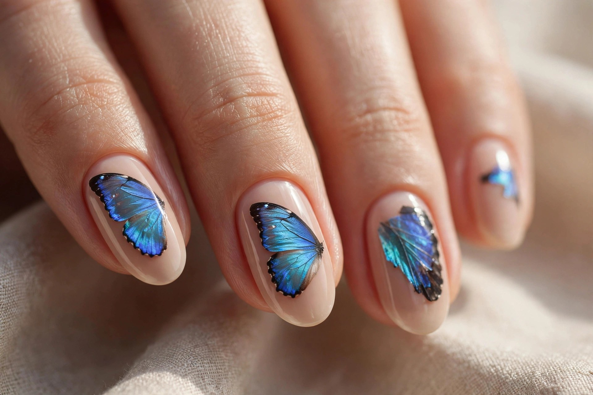 Nude nails with blue morpho butterfly wings
