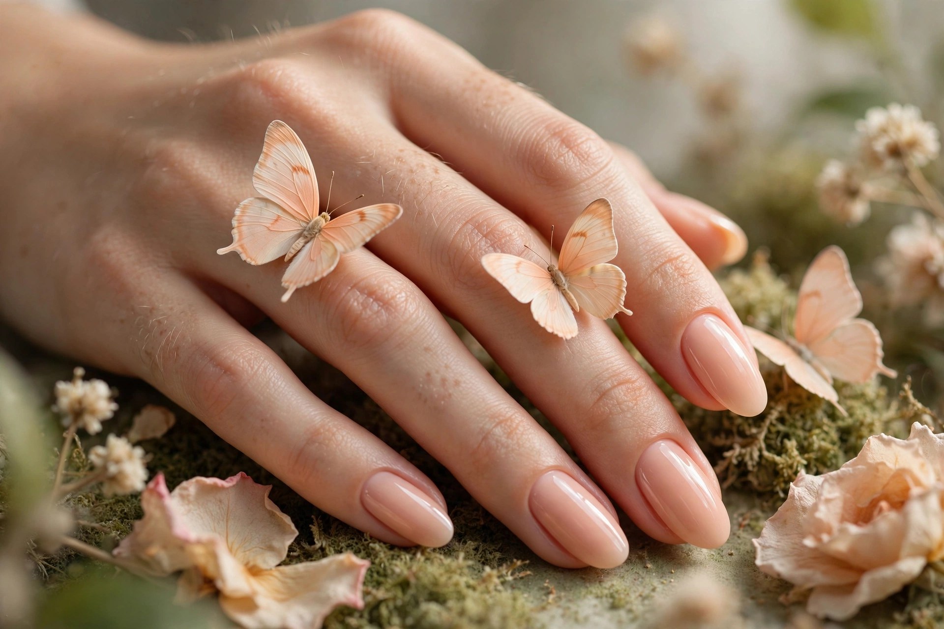 Peach nails with delicate peach butterfly accents