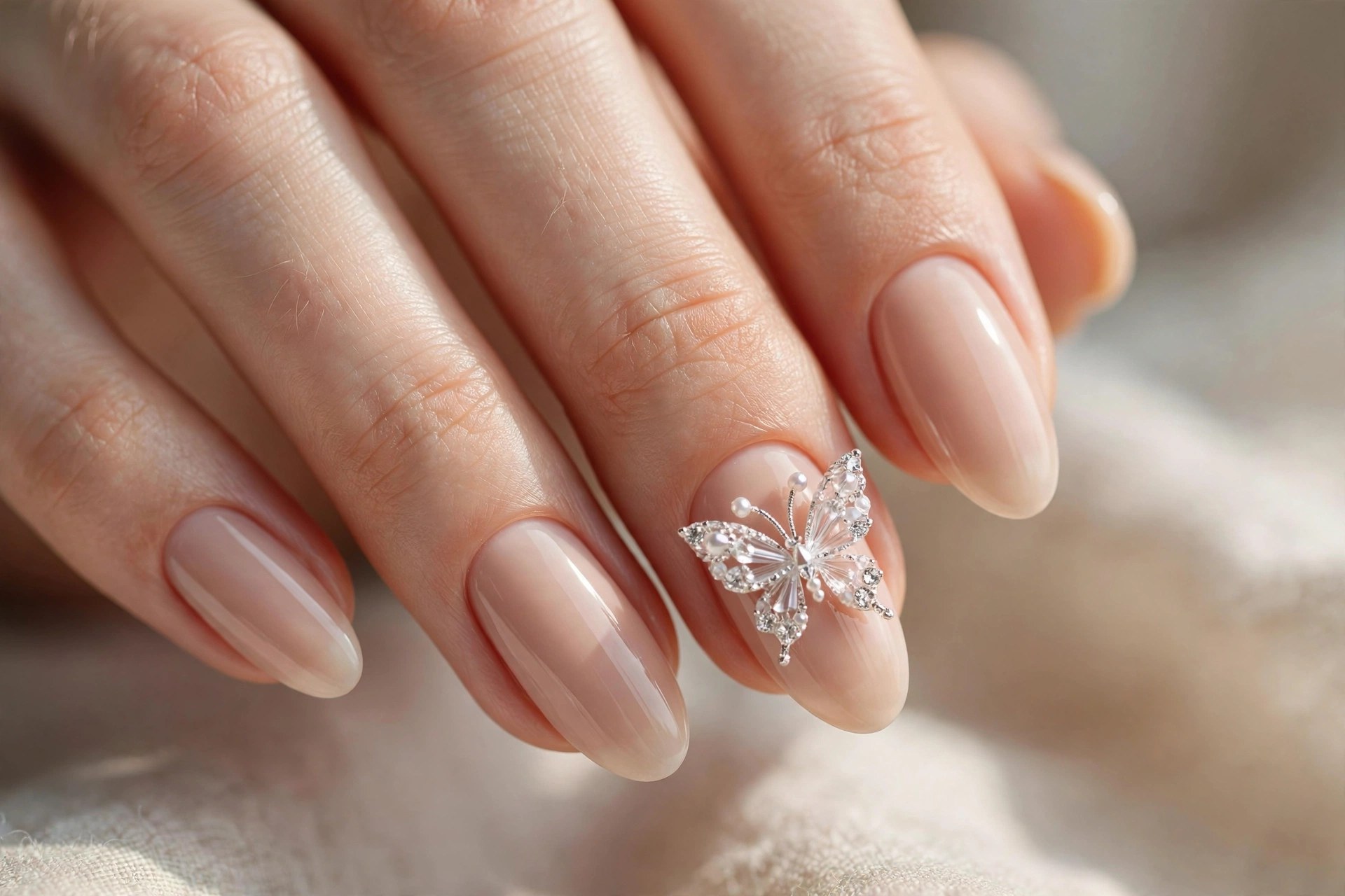 Nude nails with crystal-embellished butterfly