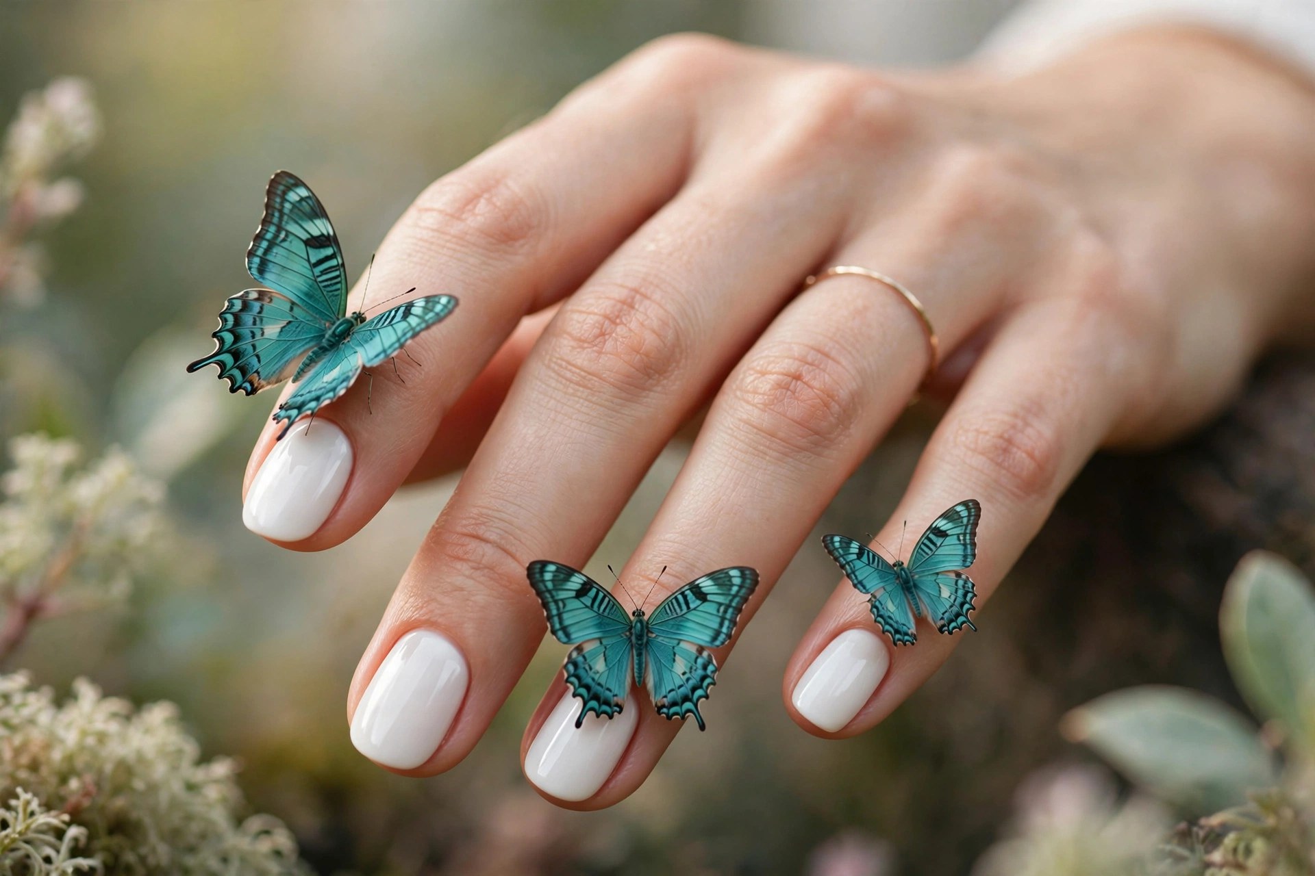 White nails with teal butterfly accents