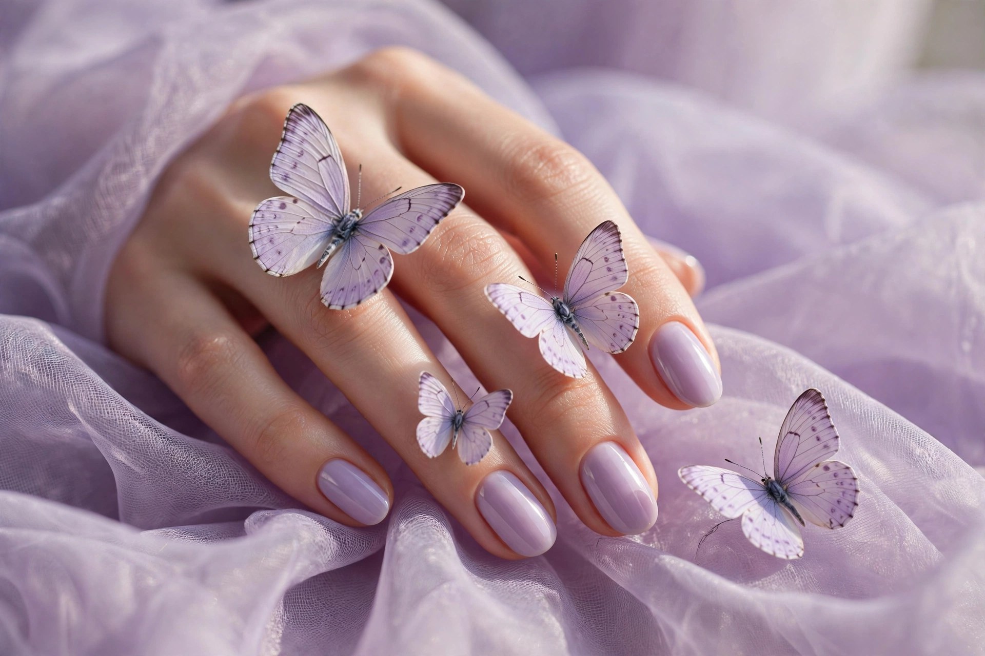 Sheer lilac nails with lavender butterfly accents