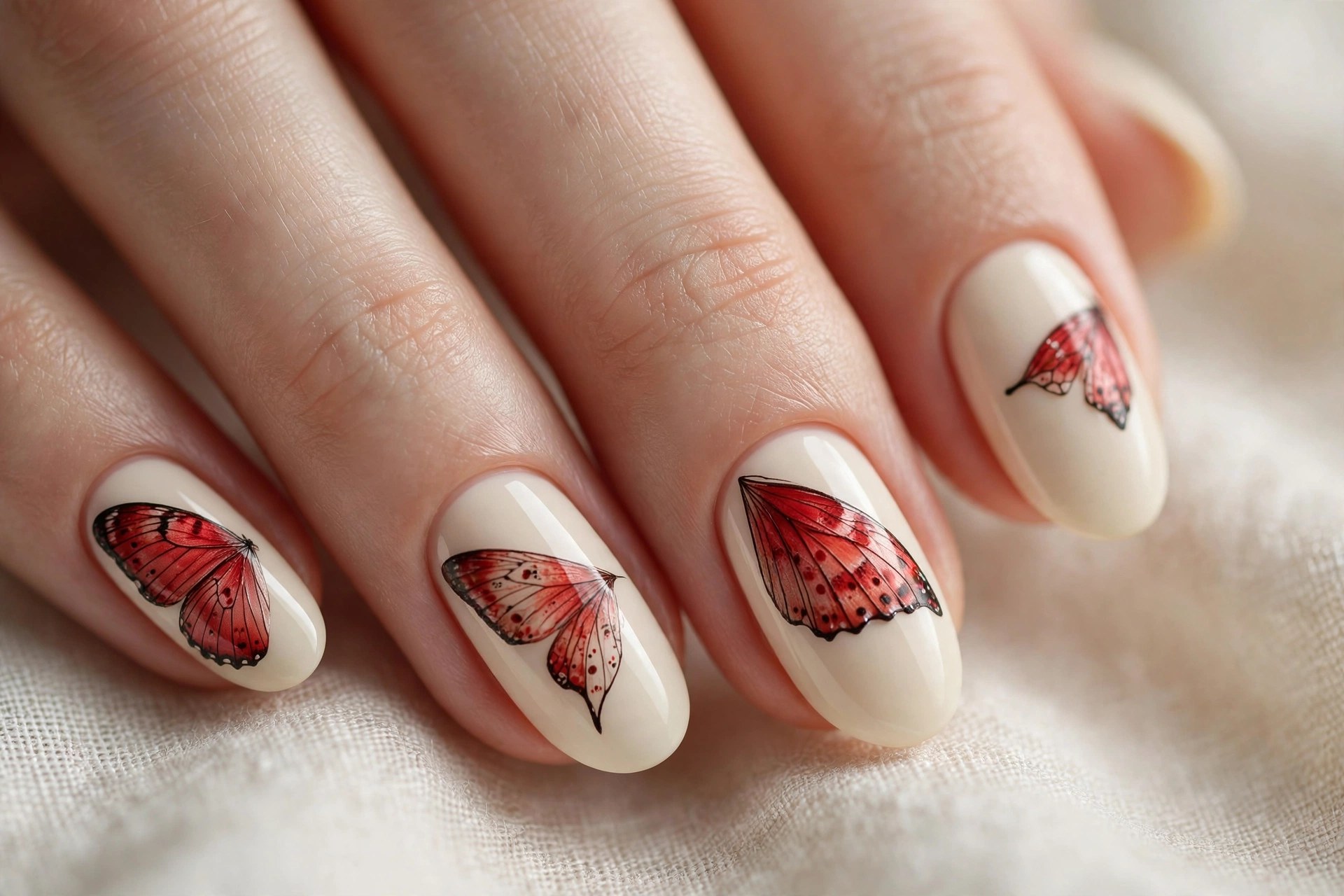 Cream nails with red butterfly wings