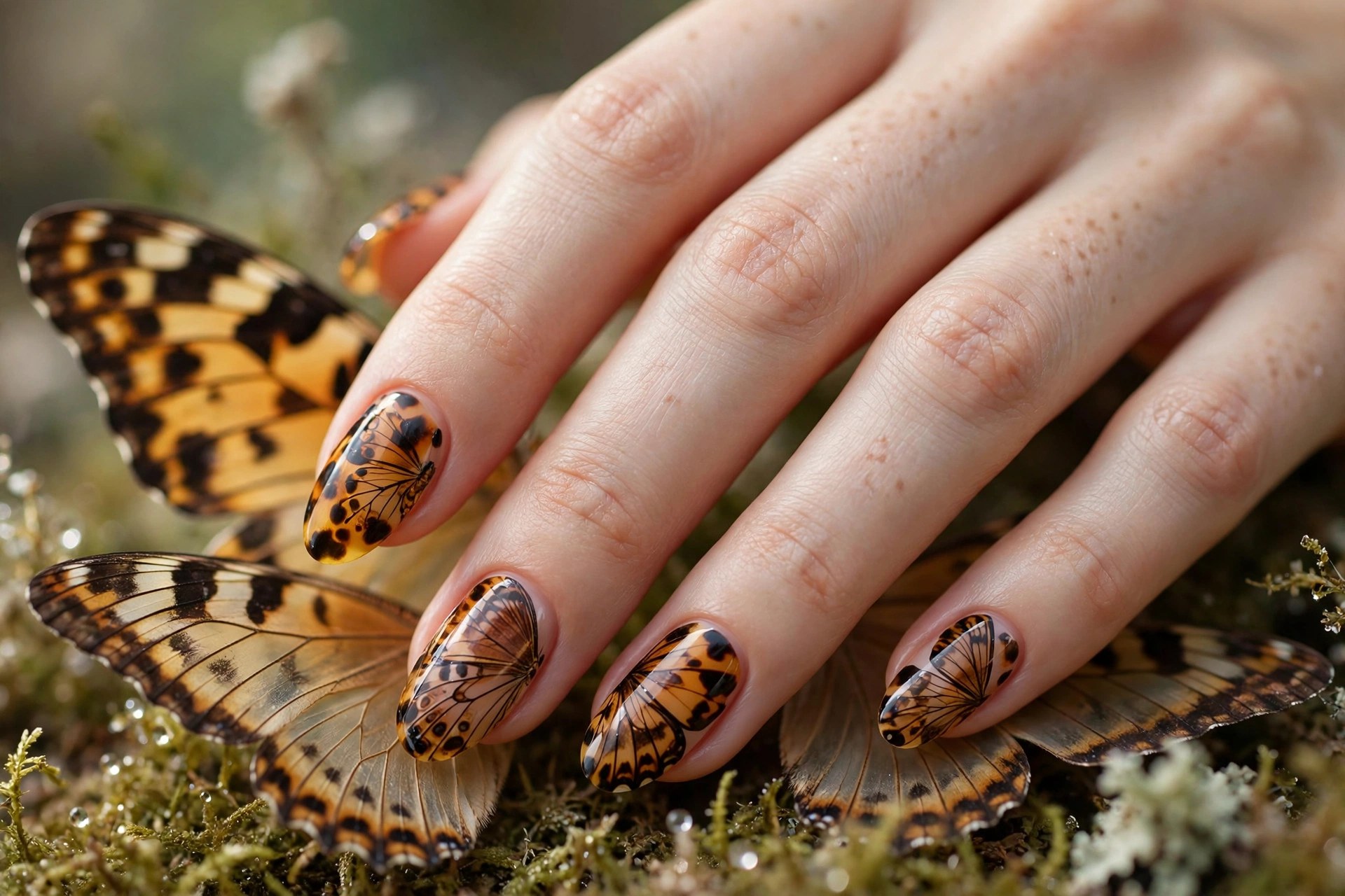 Nude nails with tortoiseshell butterfly wings