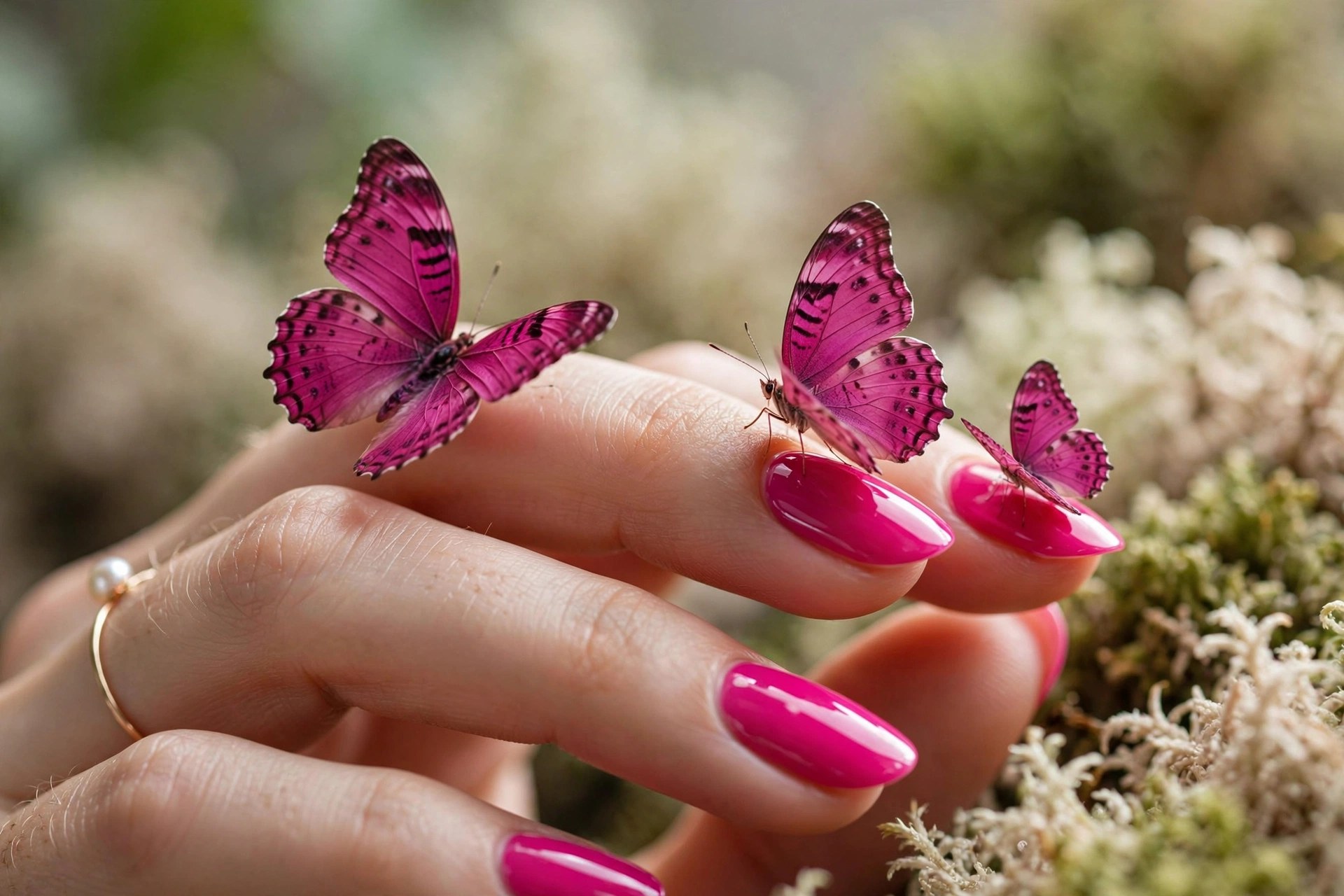 Hot pink nails with magenta butterfly accents