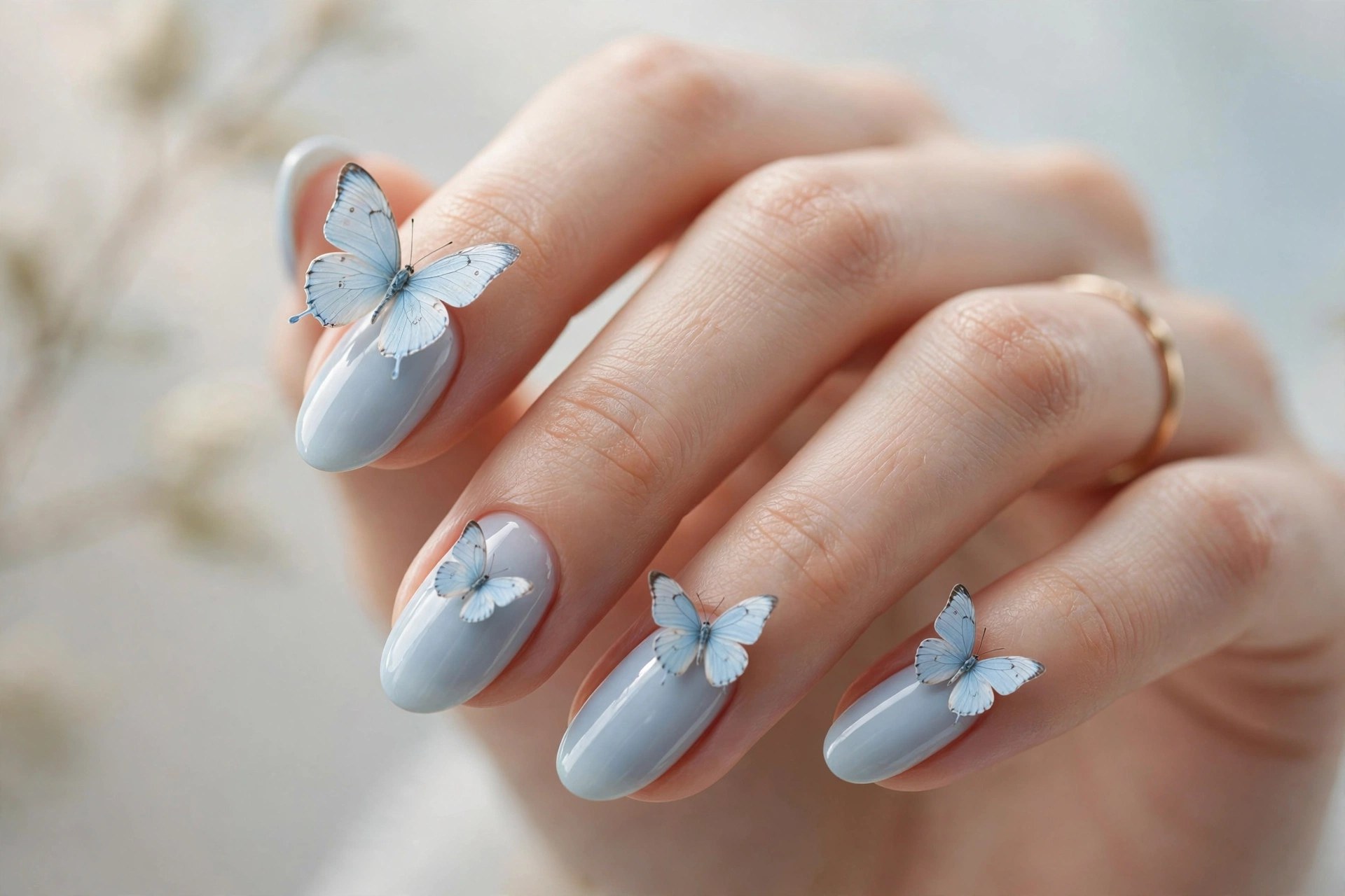 Pale blue nails with ice-blue butterfly accents