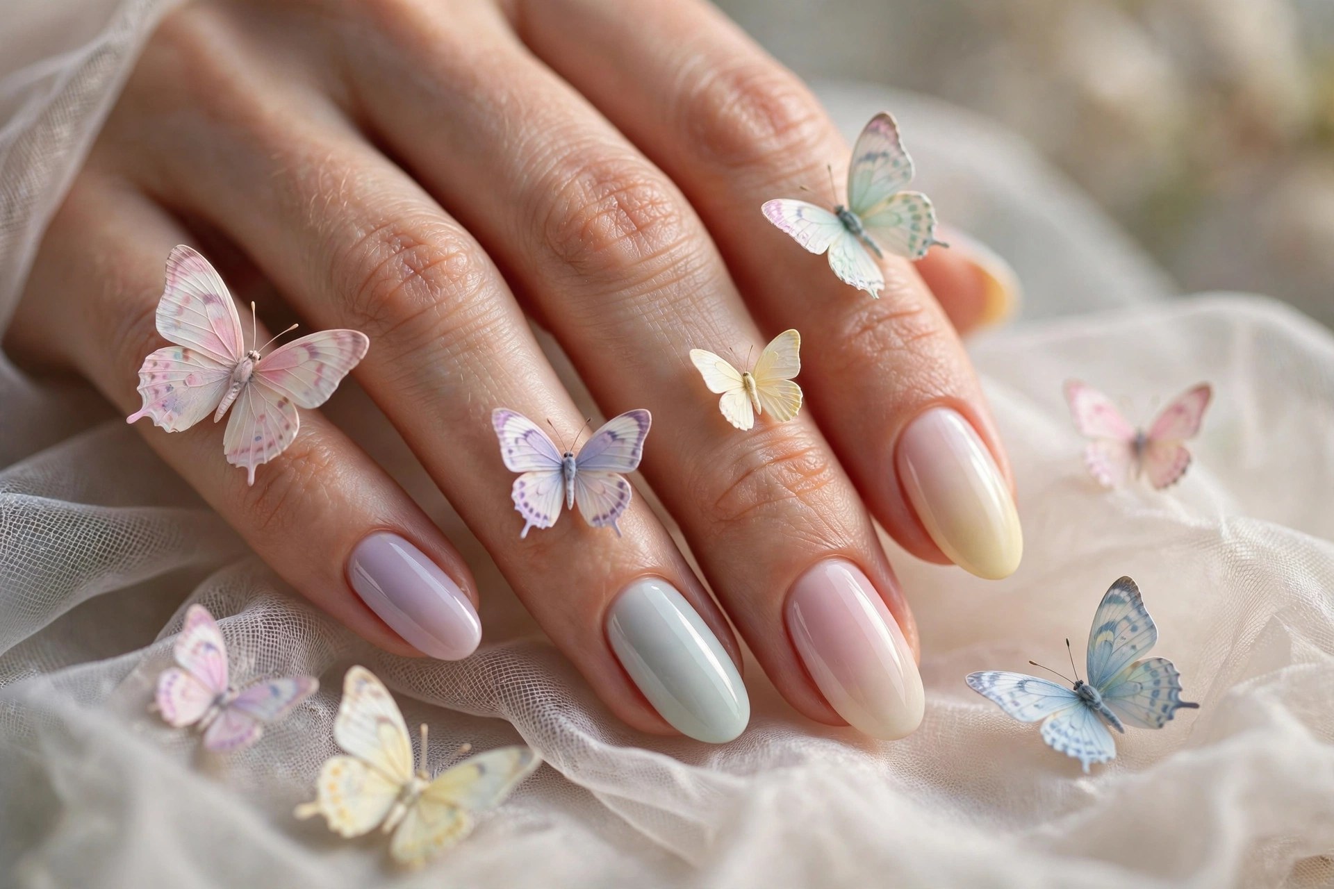 Pastel nails with mixed pastel butterfly accents