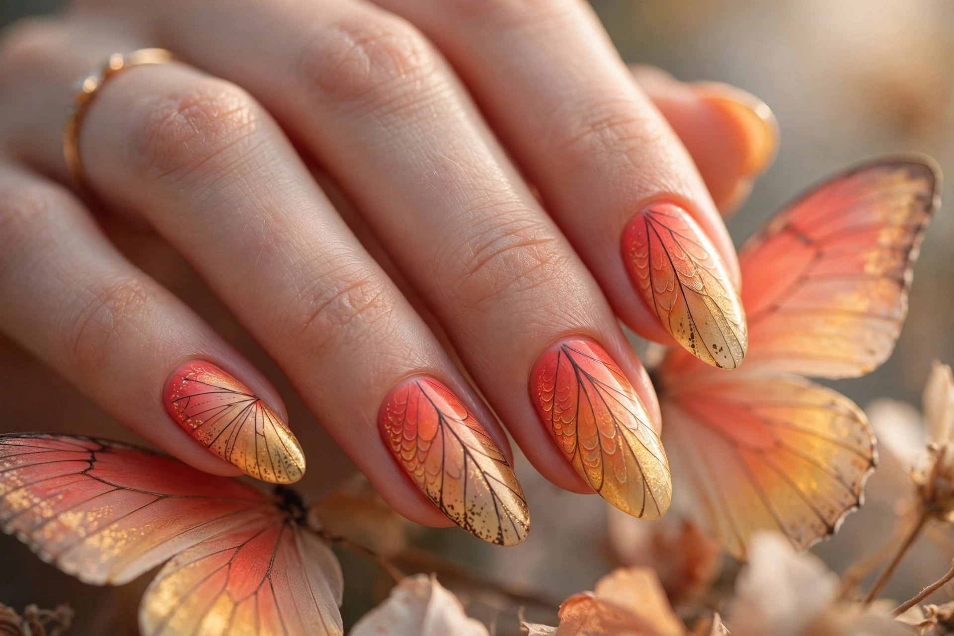 Nude nails with sunset ombre butterfly wings