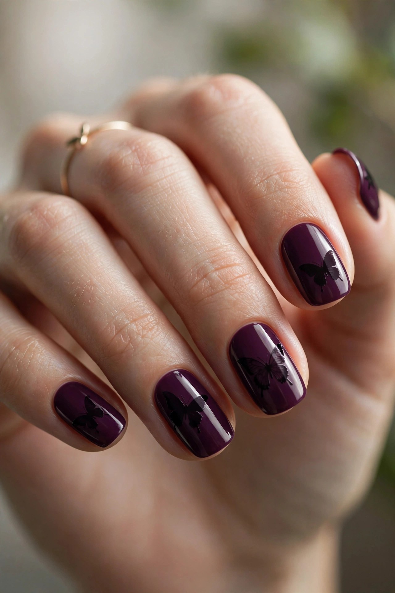Deep plum nails with midnight butterfly silhouettes