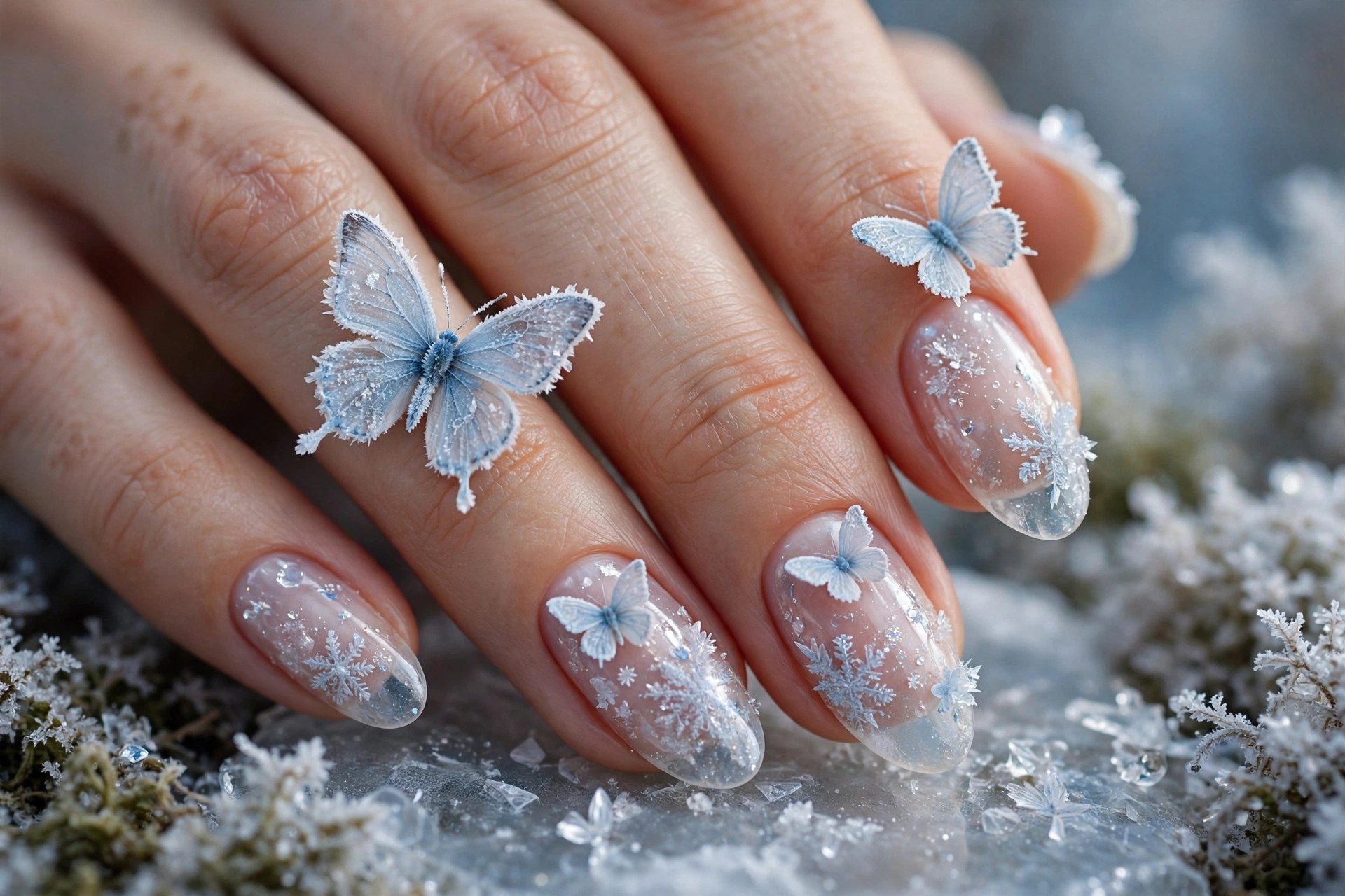 Sheer icy nails with frosty white-blue butterflies