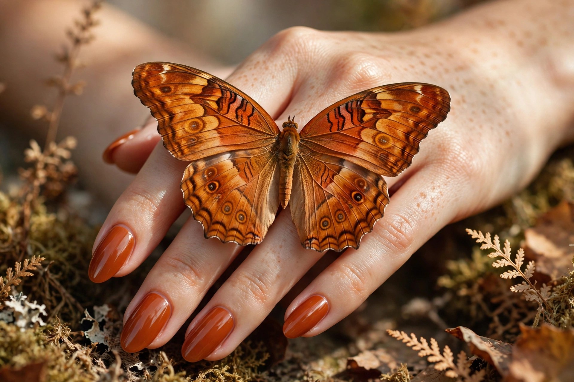 Burnt orange nails with autumn butterfly wings