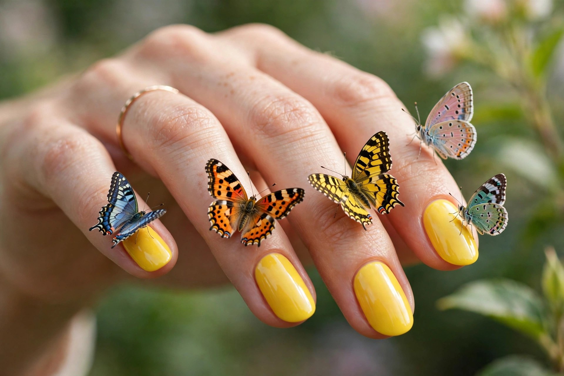 Bright yellow nails with garden butterfly accents