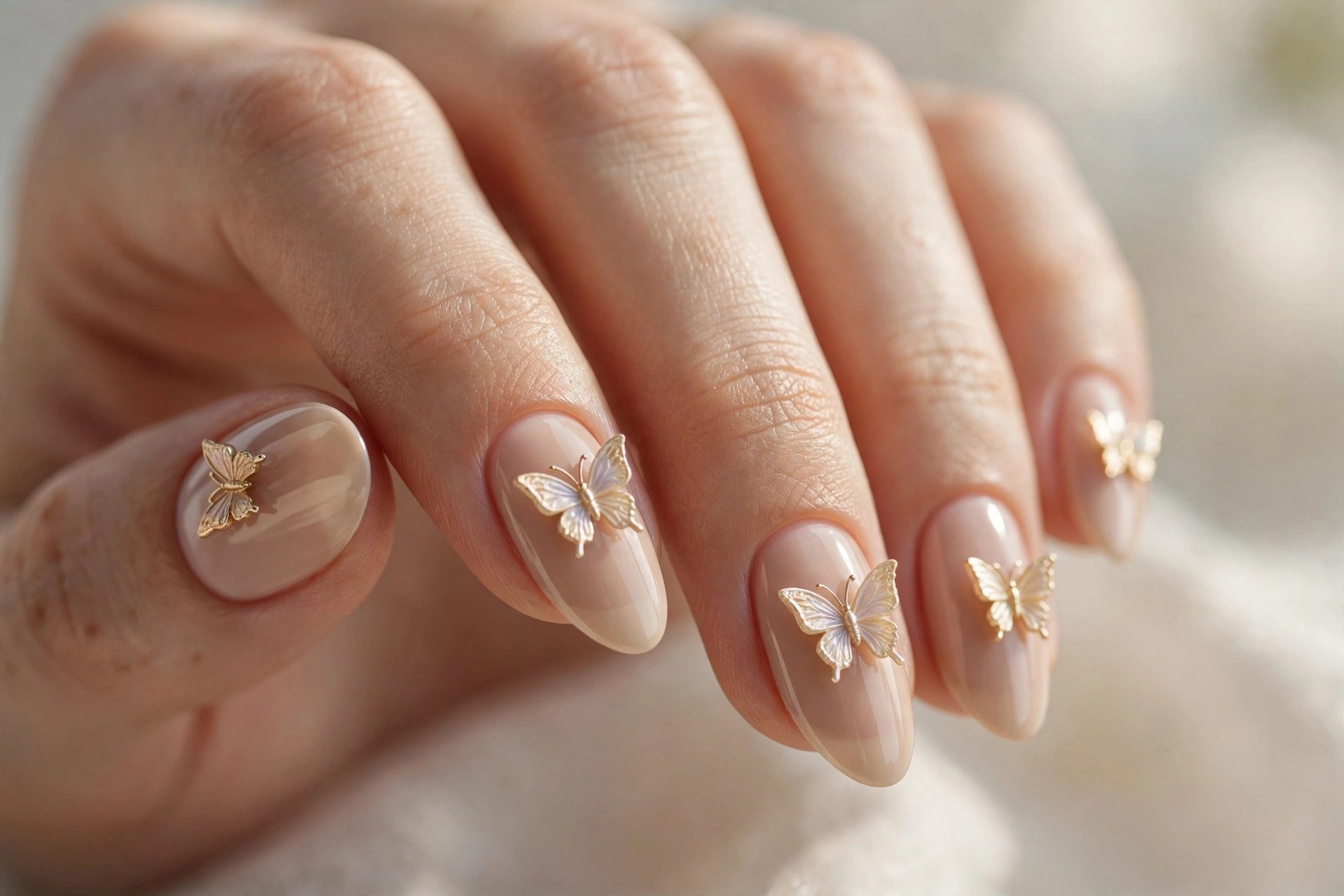 Nude nails with 3D butterfly charm accents