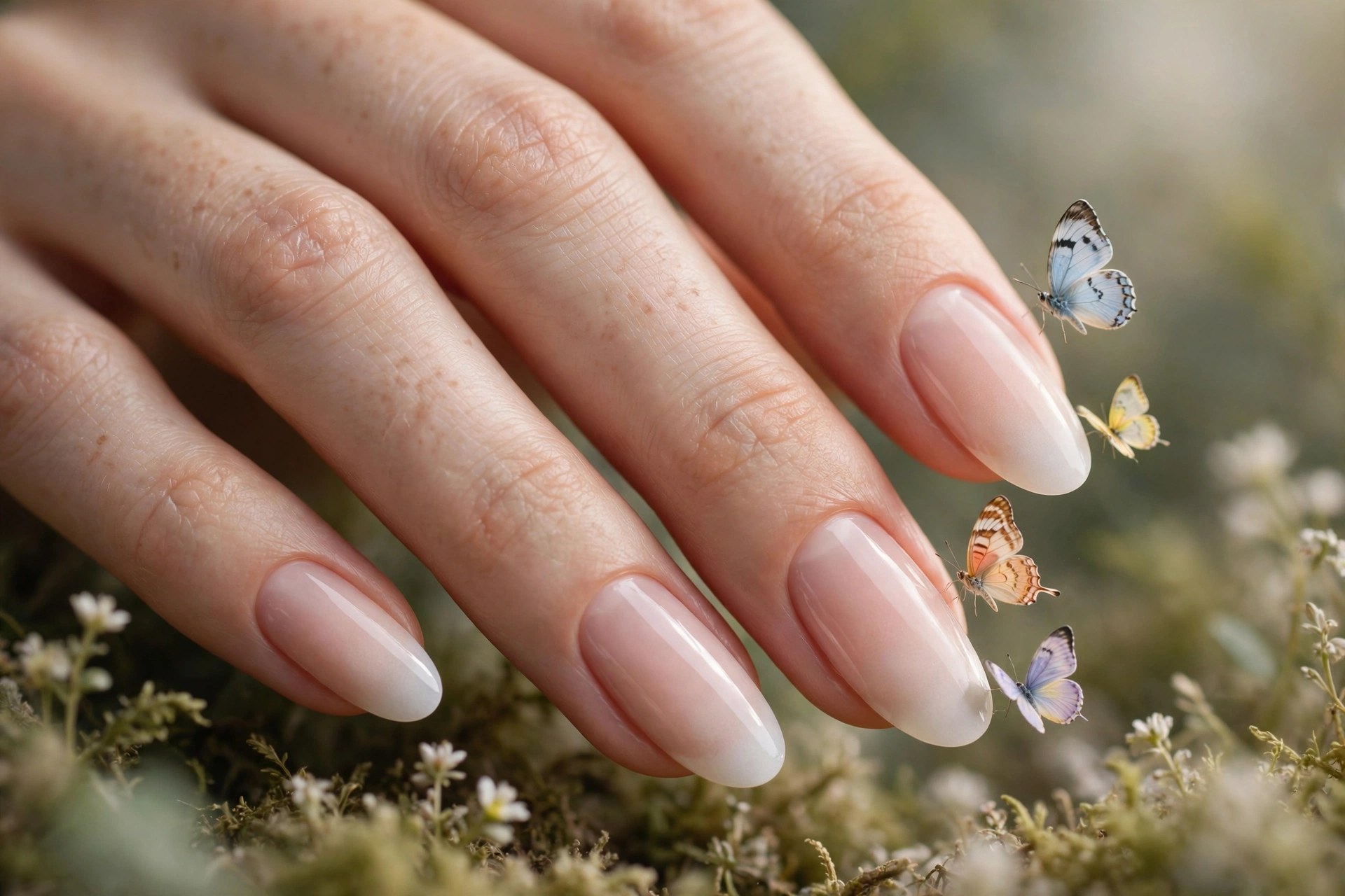 French fade nails with butterfly accents near tips