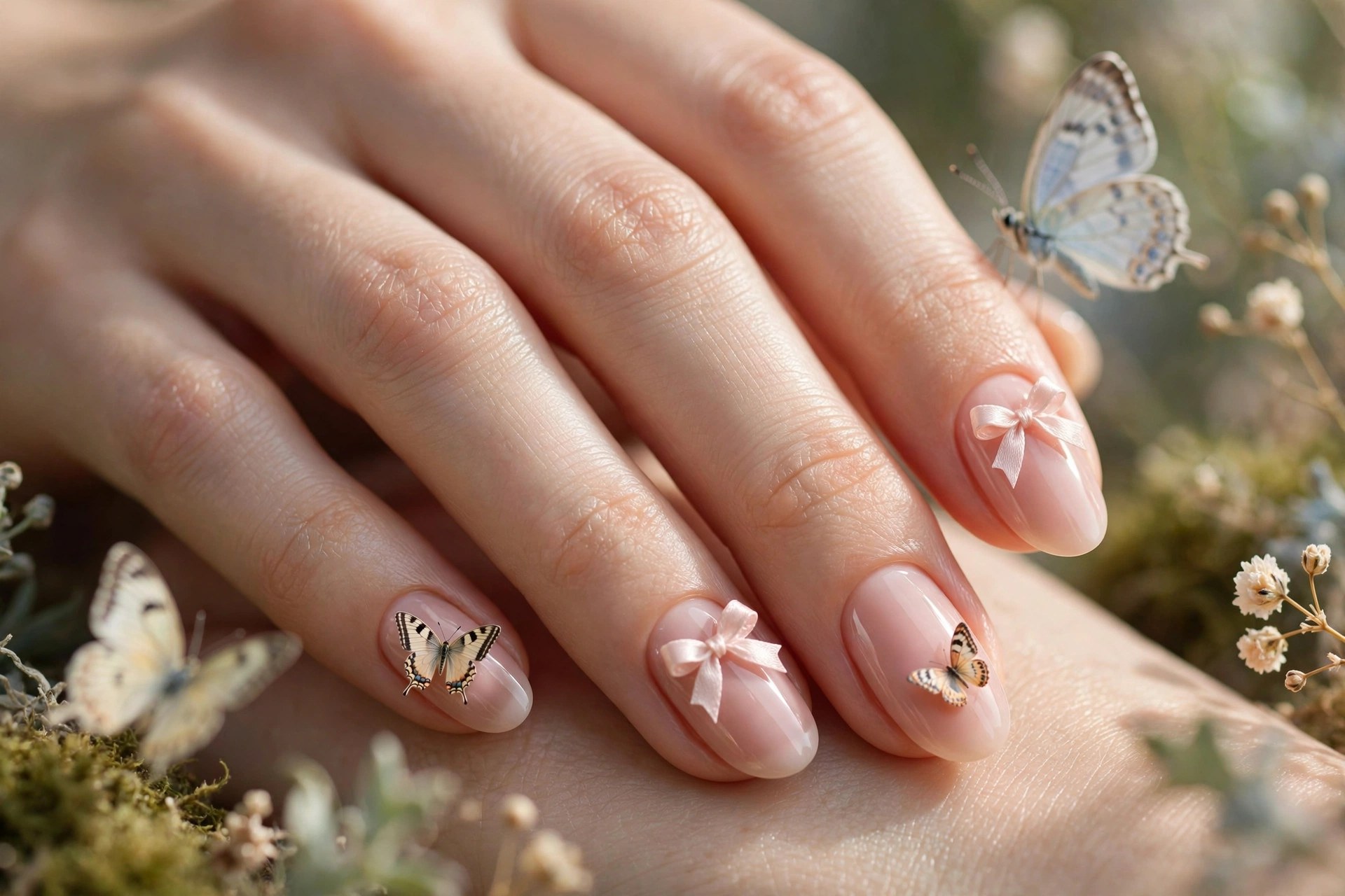 Blush nails with butterfly and tiny bow accents