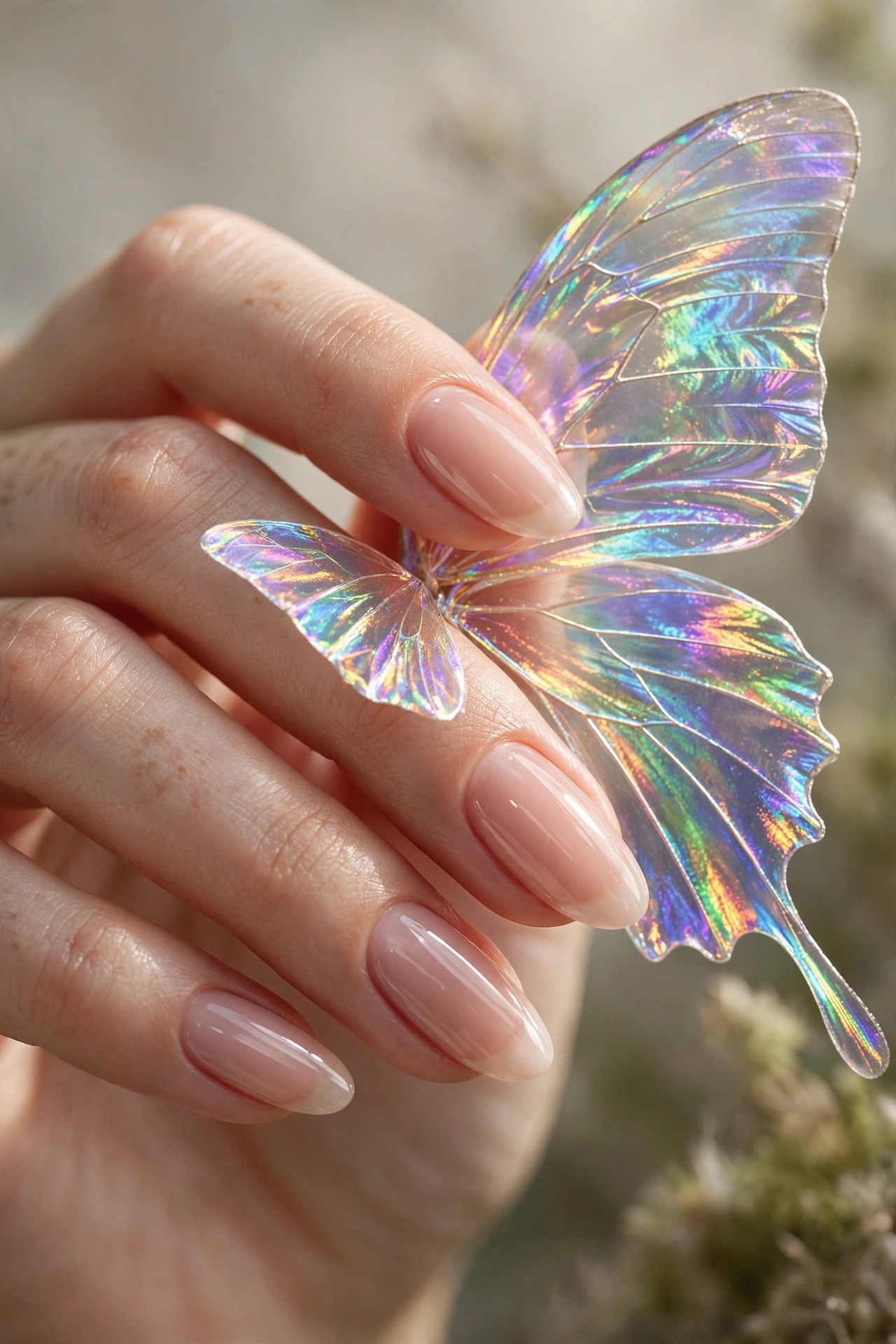 Nude nails with holographic butterfly wings