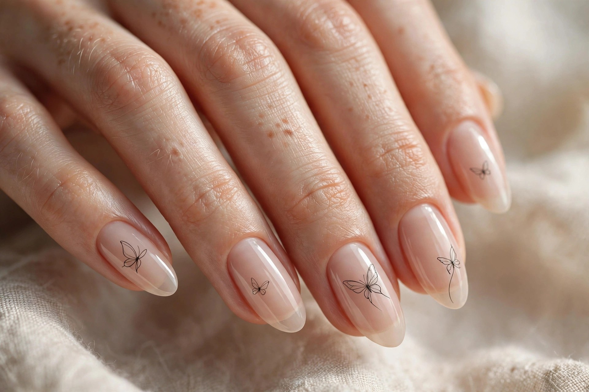 Sheer nude nails with black line-art butterflies