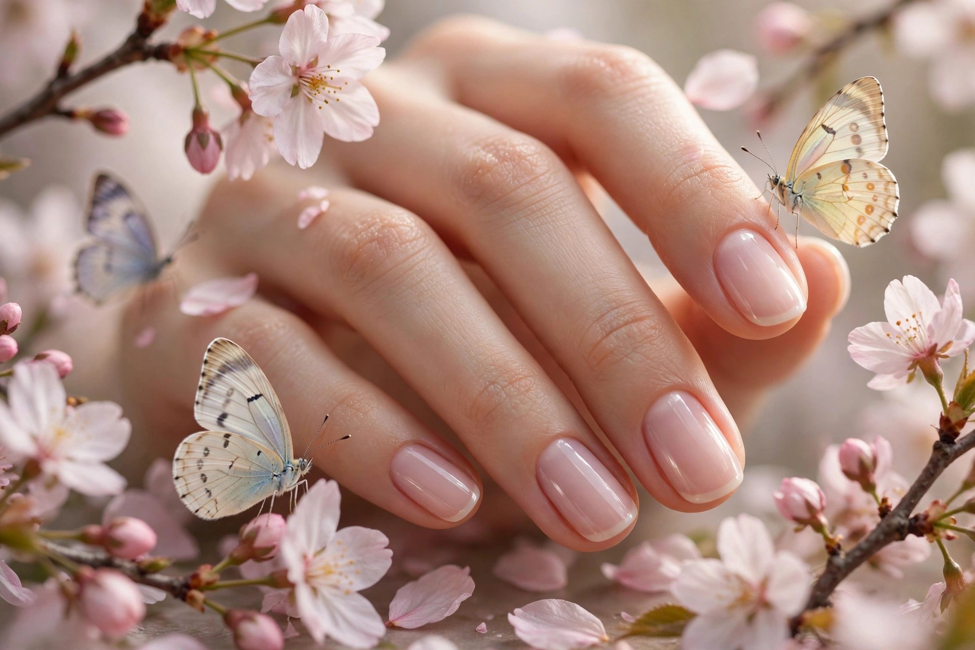 Pale pink nails with cherry blossom and butterfly accents