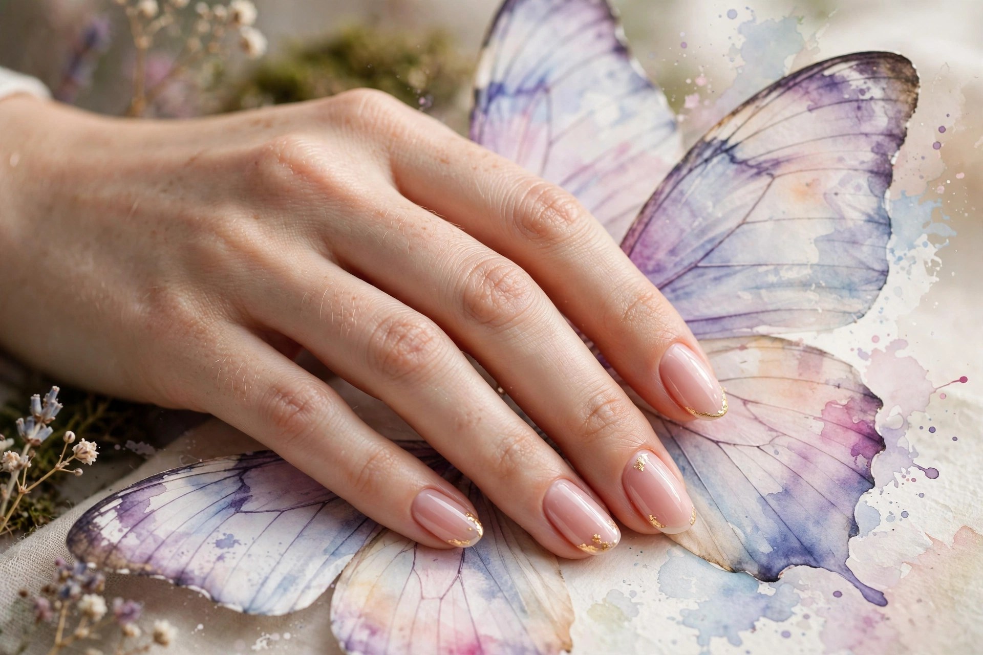 Sheer nails with watercolor butterfly wings