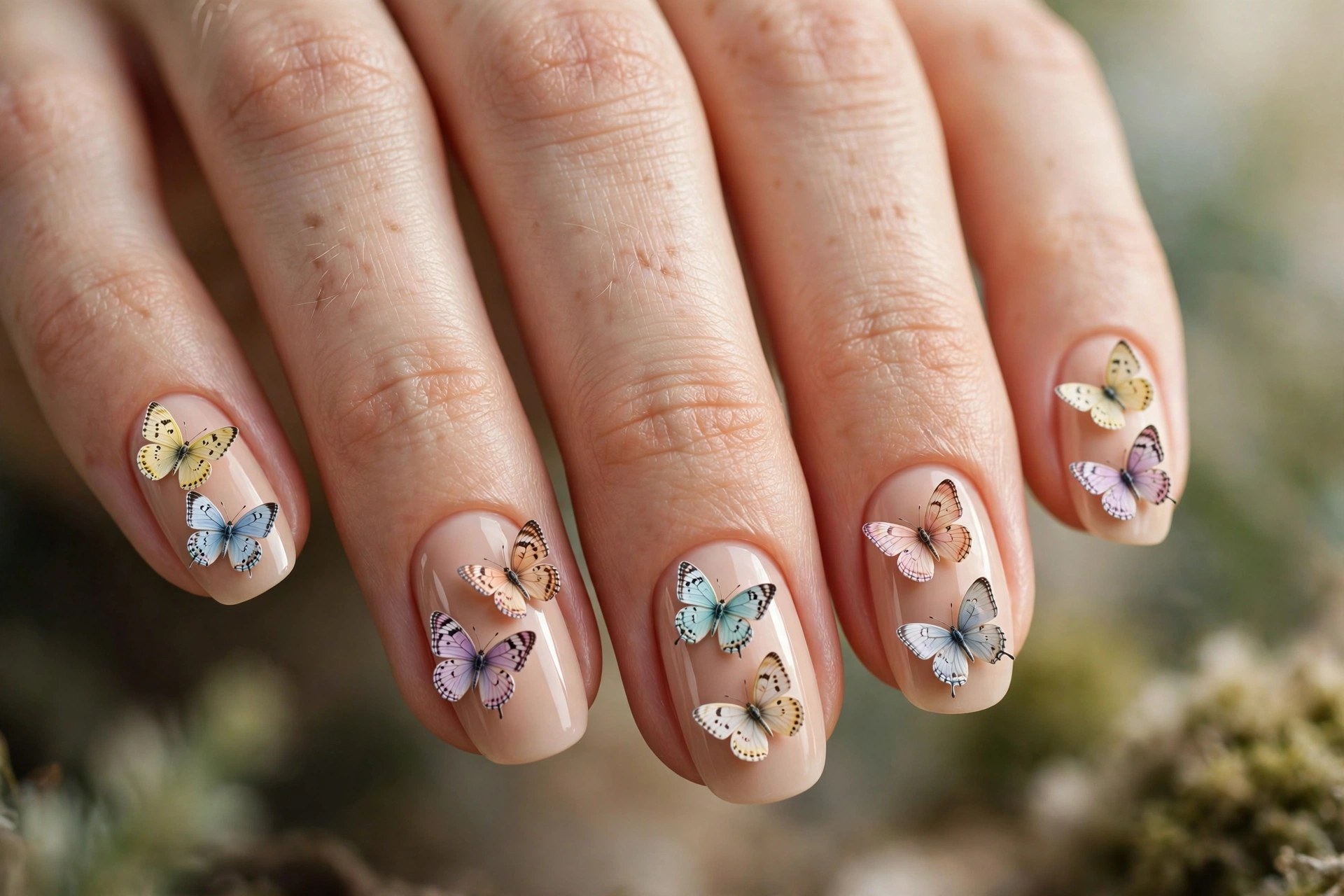 Nude nails with double butterfly accents per nail