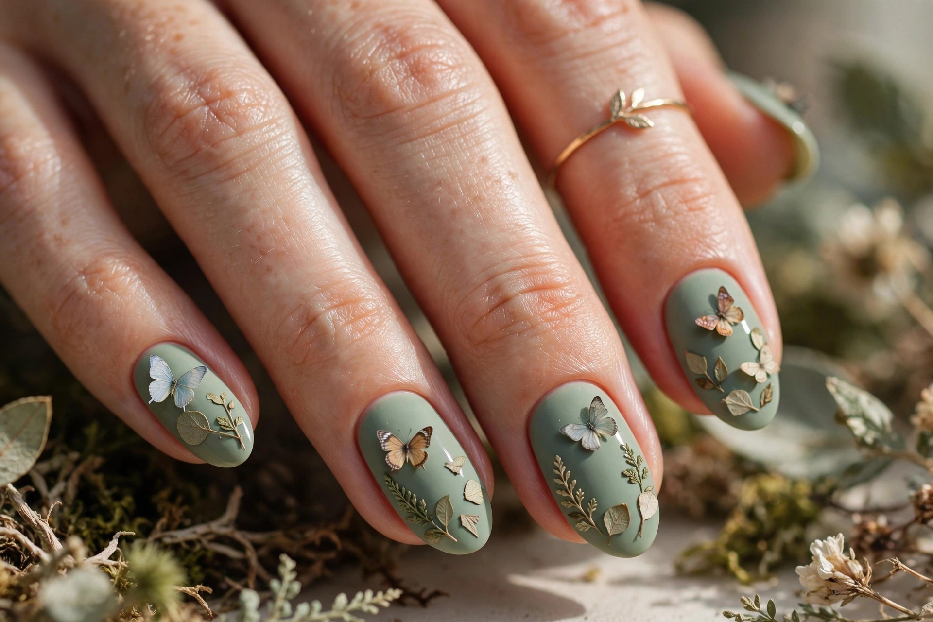 Sage nails with butterfly and leaf accents