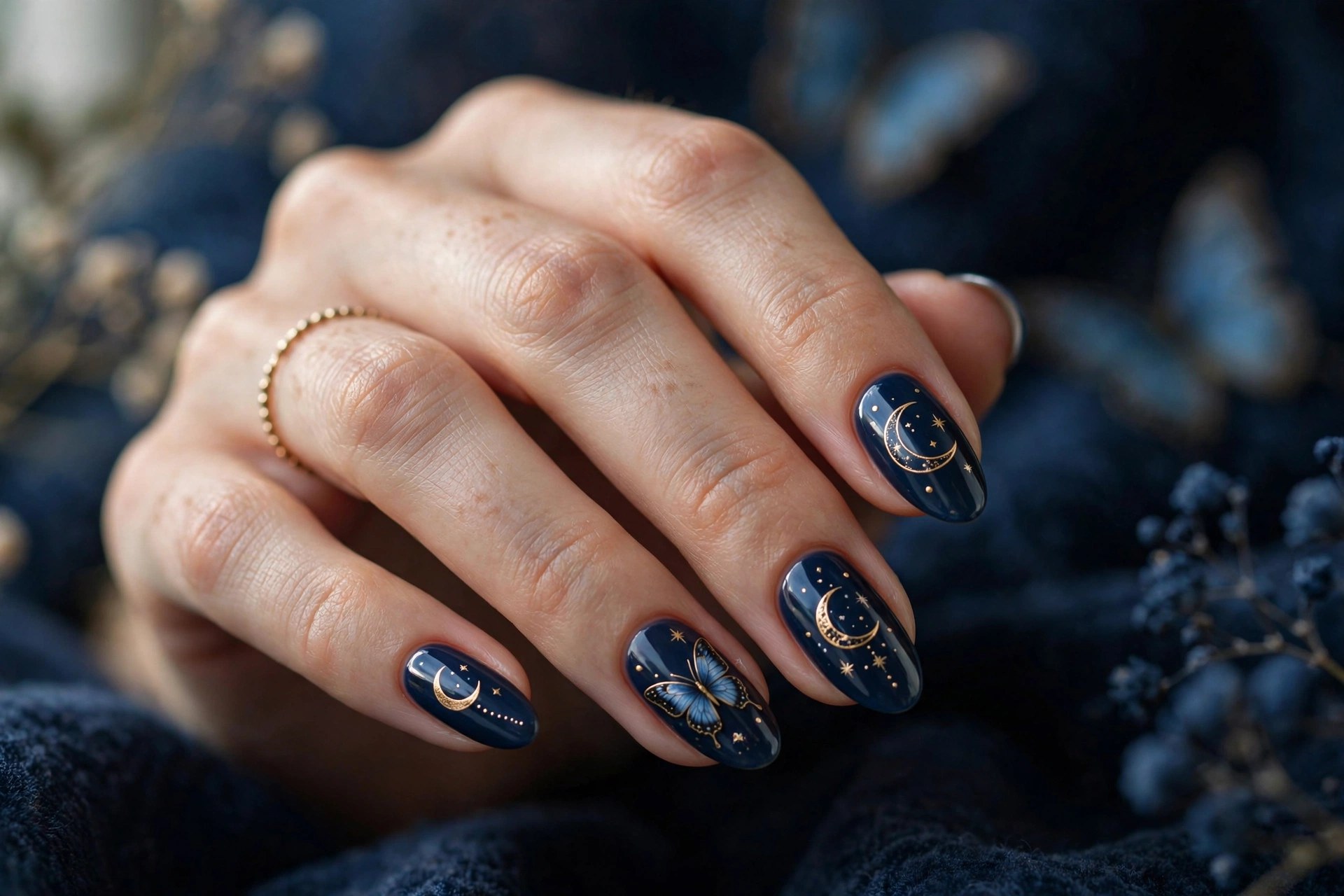 Midnight blue nails with butterfly and crescent moon accents