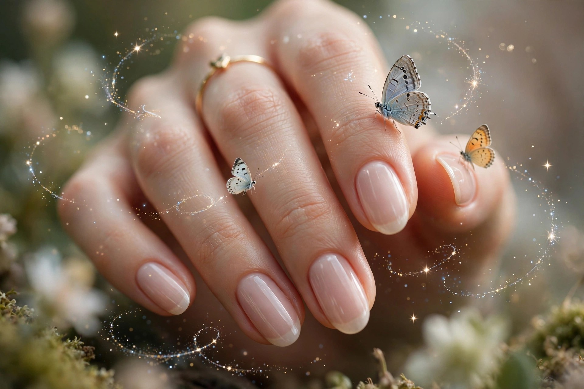 Nude nails with butterfly and tiny star accents