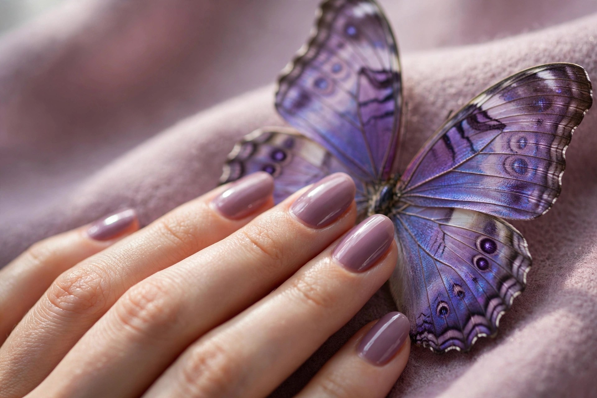 Mauve nails with amethyst-toned butterfly wings