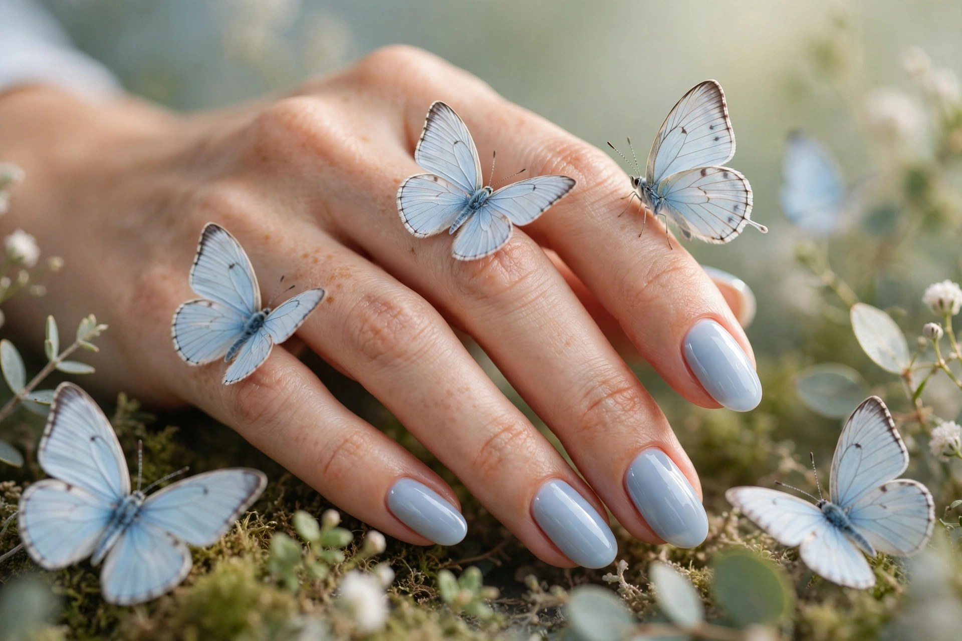 Baby blue nails with soft blue butterfly accents