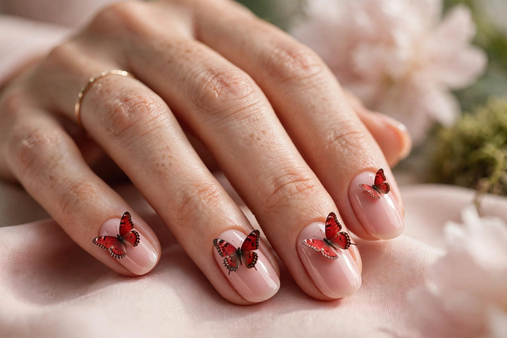 Blush nails with cherry-red butterfly accents
