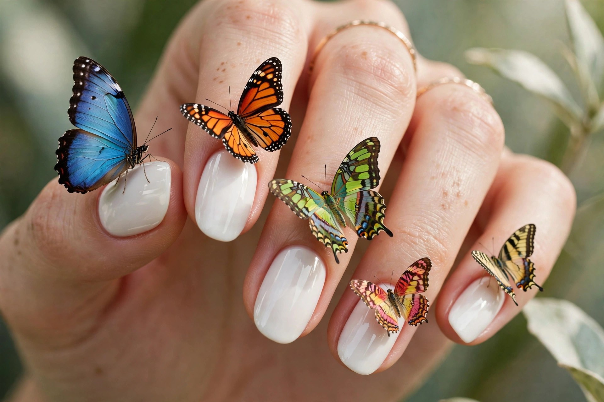 White nails with tropical multicolor butterflies