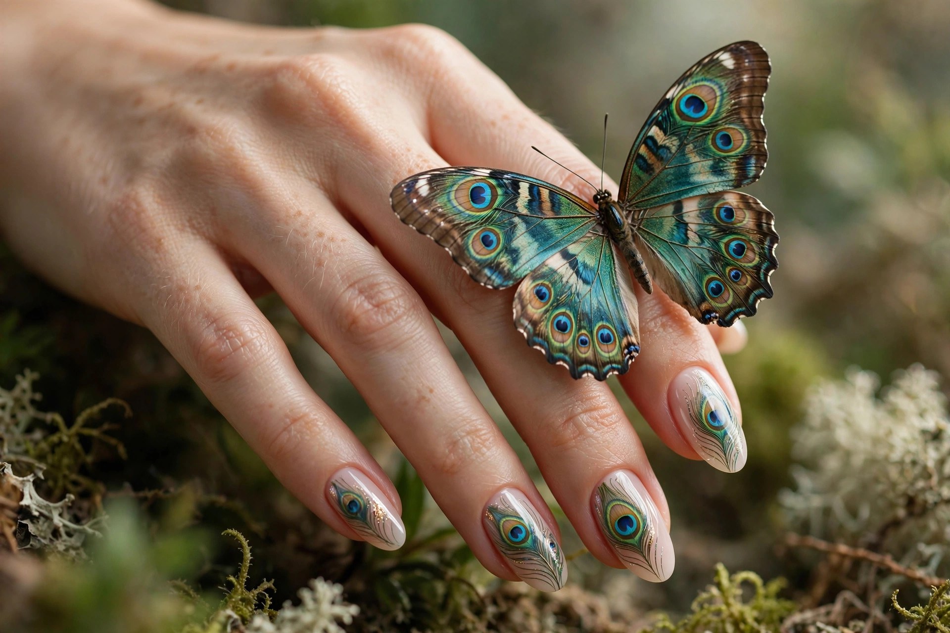 Teal nails with peacock-feather butterfly wings