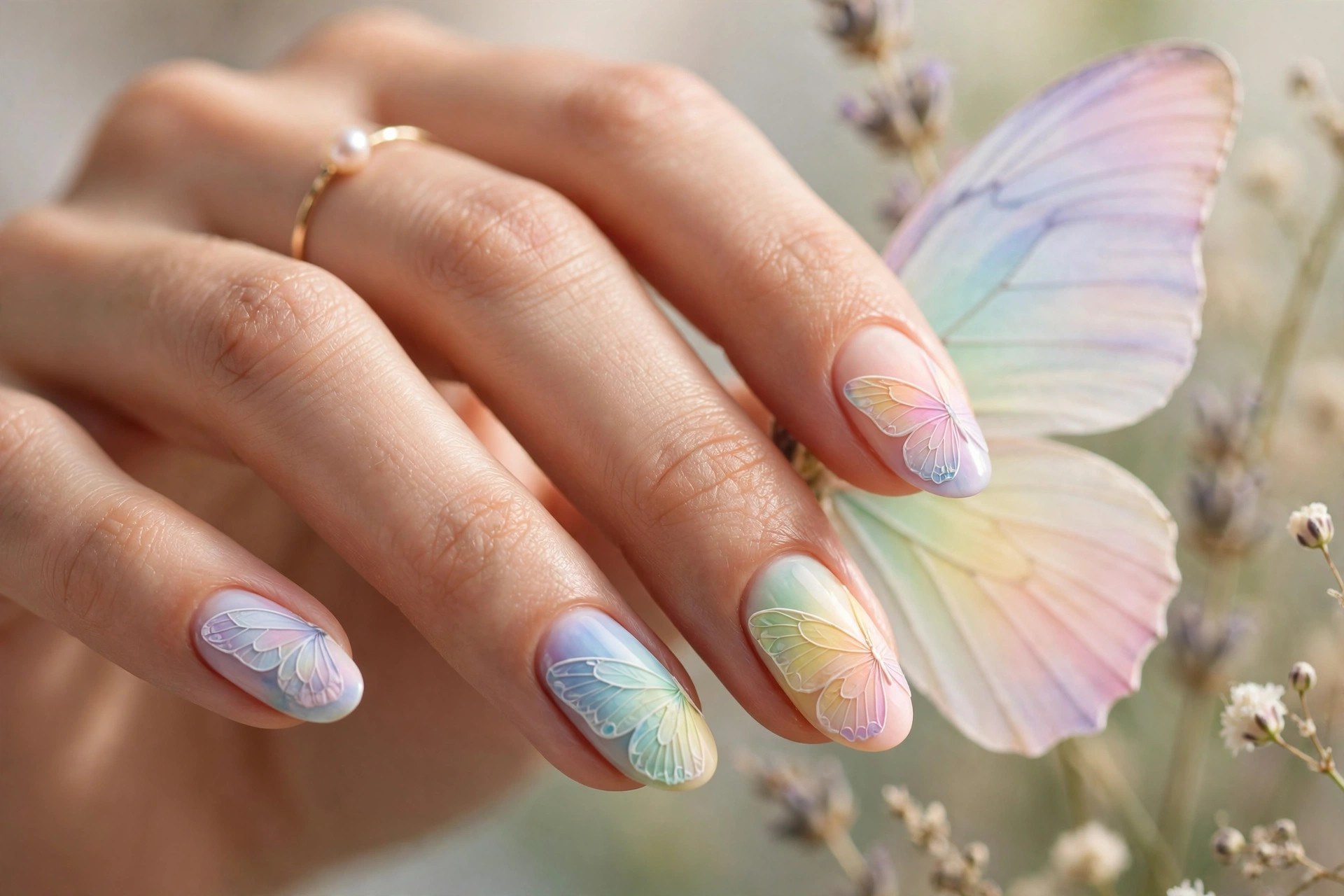 Sheer nude nails with pastel rainbow butterfly wings