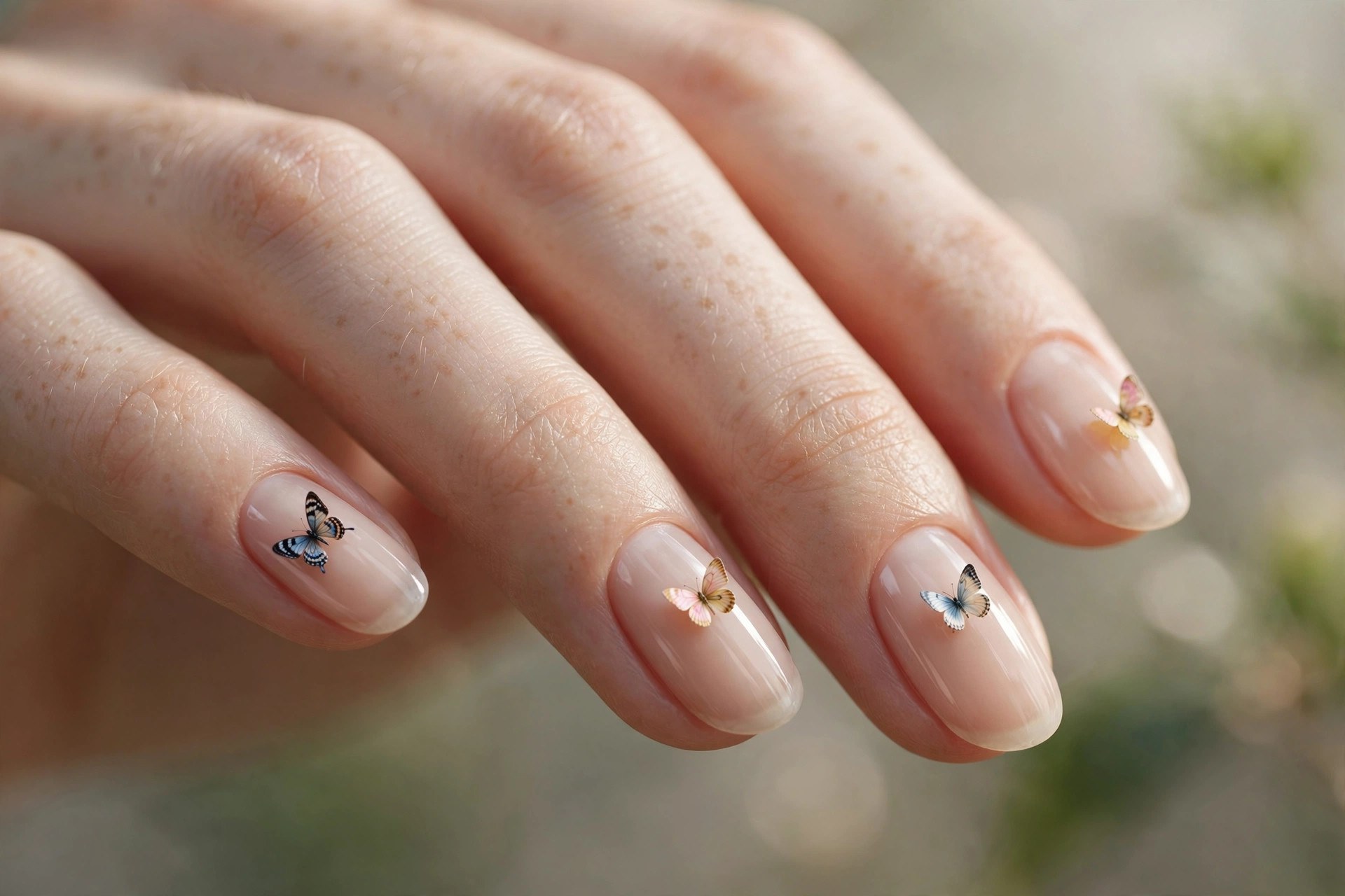 Sheer nude nails with tiny micro butterfly accents